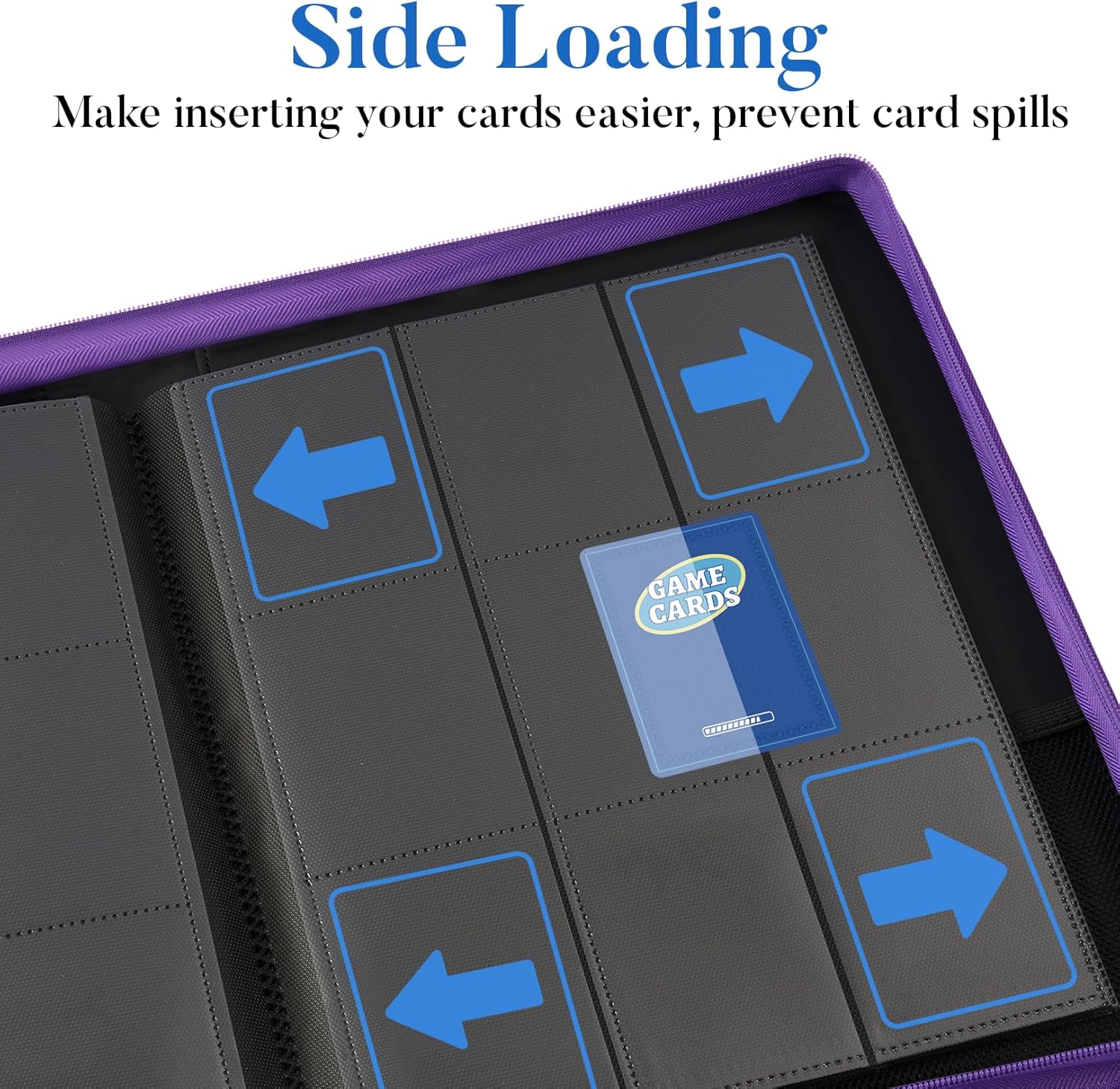 Premium Zip Card Binder, Fabmaker 9 Pocket Trading Card Binder, PU Cover Zipper Card Collection Album, Sturdy 360 Side-Loading Card Folder Holder for Game & Sports Cards, Purple