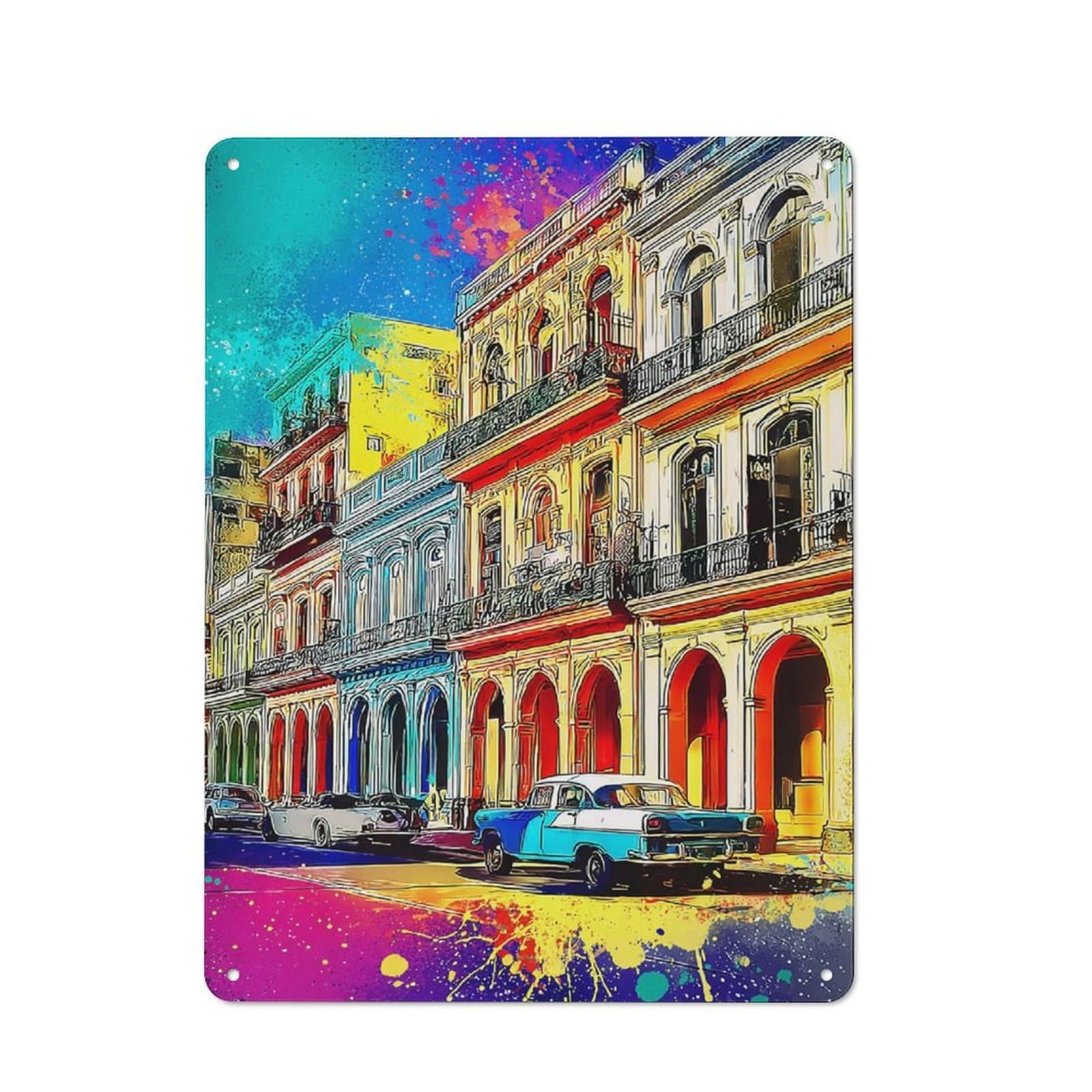 Junmoney Vibrant Cityscape With Classic Cars Metal Wall Art Sign 40X30cm, Modern Retro Urban Room Decor For Modern Home, Workshop, Office Or Cafe