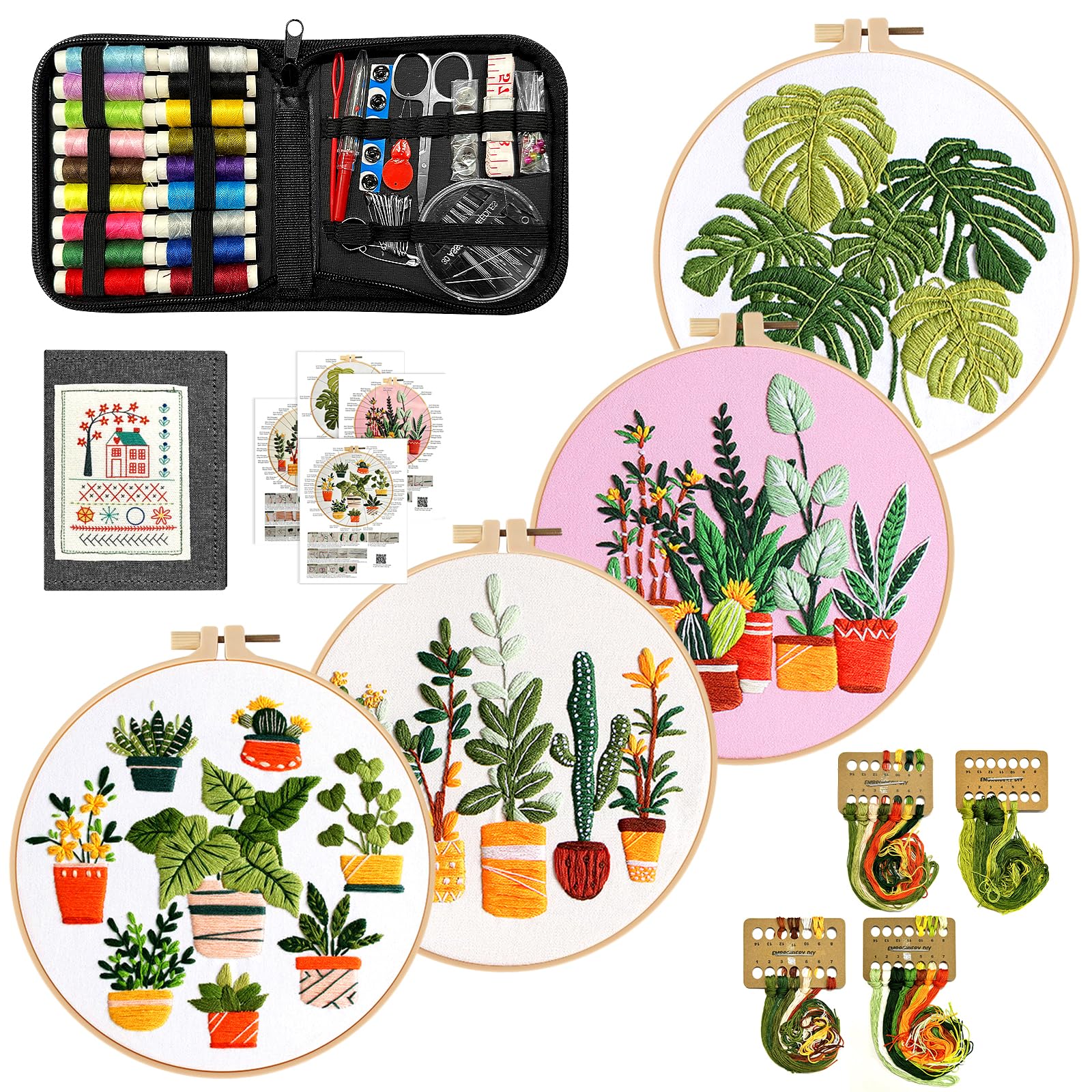 Irosiy Kit de bordado para principiantes, 4 bonitos patrones de macetas, juego de iniciación todo incluido con lienzo preimpreso, aro e instrucciones (idioma español no garantizado). Regalo hecho a
