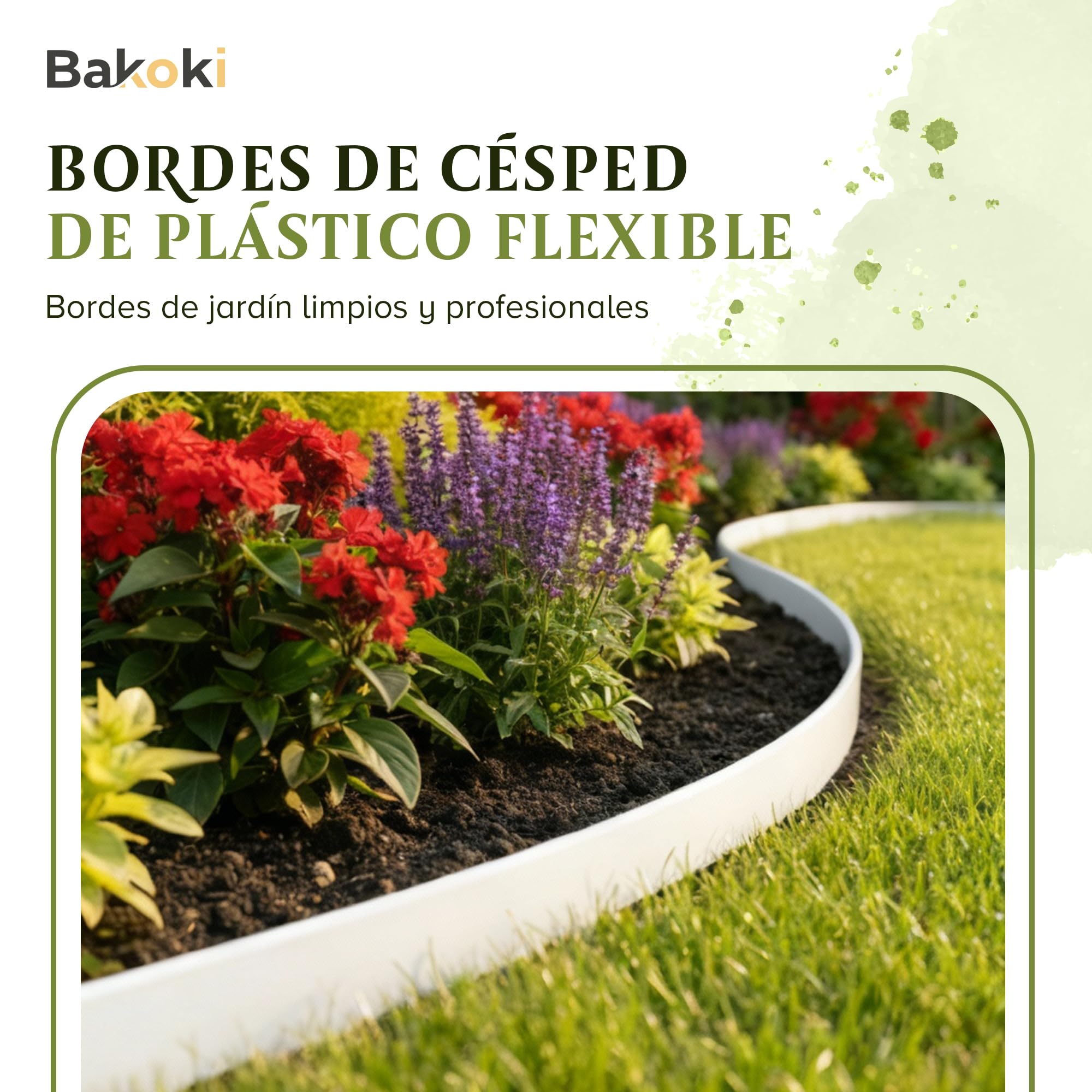 Borde Flexible para césped (10 m, 40 Anclajes de Tierra, 6 cm de Altura), plástico Blanco, Resistente a la Intemperie, Borde Redondo, bordillo Redondo para césped, remate de Corte
