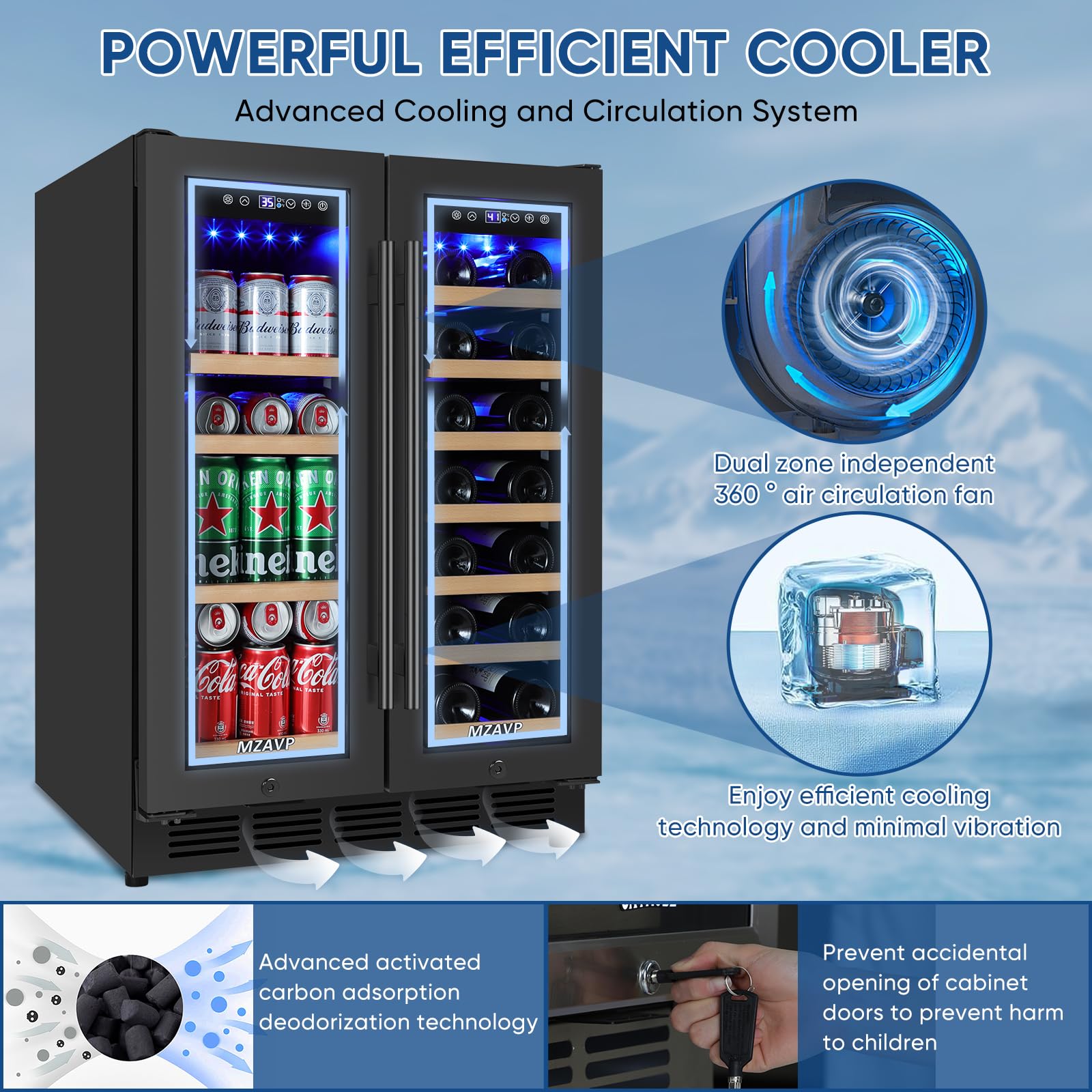 Wine And Beverage Refrigerator 24", Upgraded Dual Zone Wine Beverage Cooler With Glass Door And French Door, Large Capacity Beer Fridge Holds 21 Bottles & 88 Cans, Built-In Or Freestanding - Black on Fridge.com - View 4