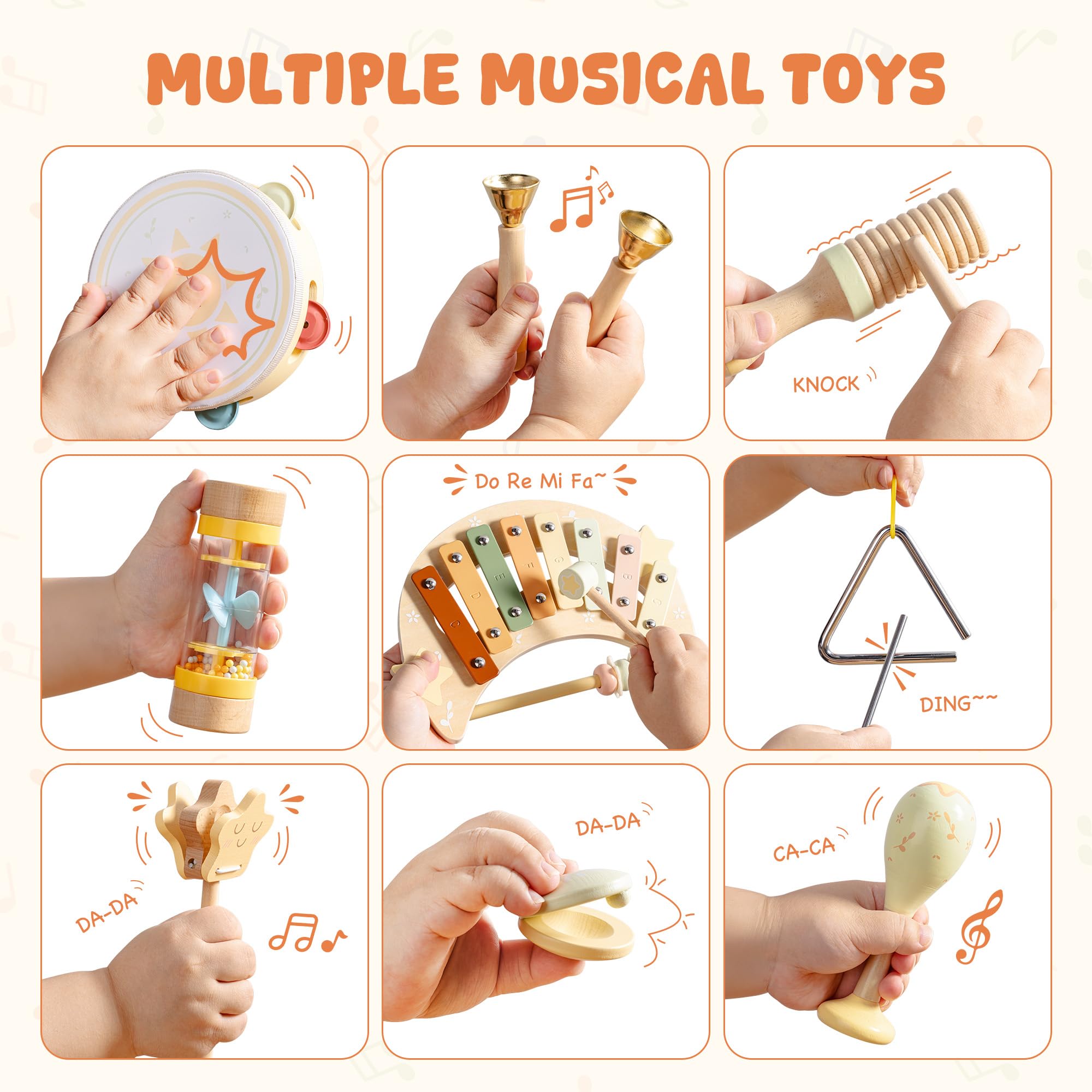 ROBOTIME Wooden Baby Musical Instrument Set, Cute Percussion Toys for Toddlers Includes Xylophone, Maracas, Tambourine - Image 3