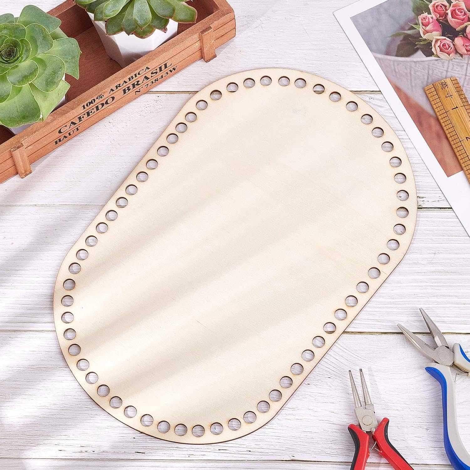 Haoser 2 pc Wooden Basket Bottom, 11.8 x 7.6 Inch Oval Wooden Base Shaper Blank Crochet Base for Thick Yarn DIY Knitting Basket Weaving Supplies Home Decor Purse Making, 8mm Hole-image-35