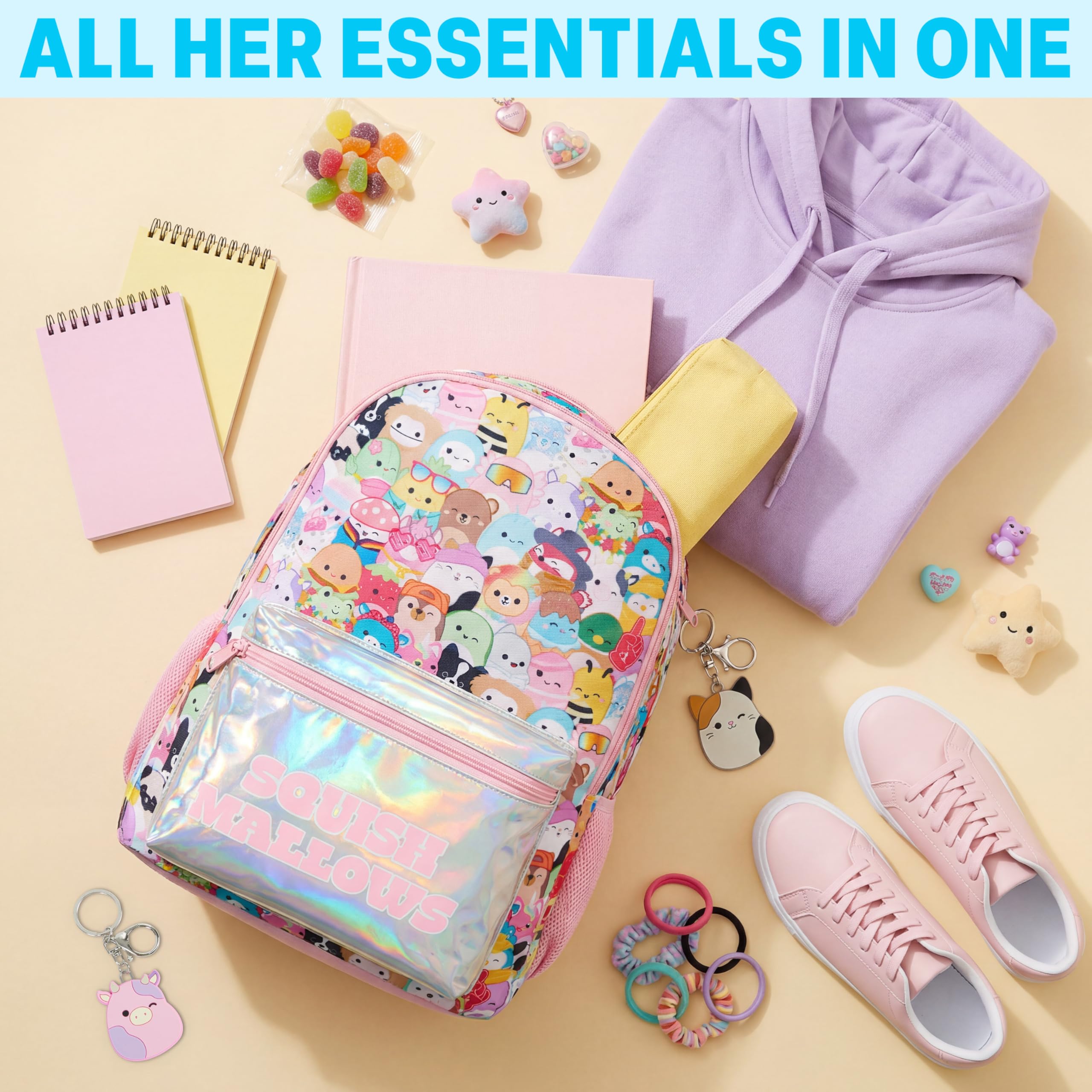 Get Trend Squishmallows Sac a Dos Enfant Fille, Bretelle Réglable Rembourré et Fermeture Eclair Cartable avec 2 Porte Clef, Cadeau Fille (Multi Squishmallows)