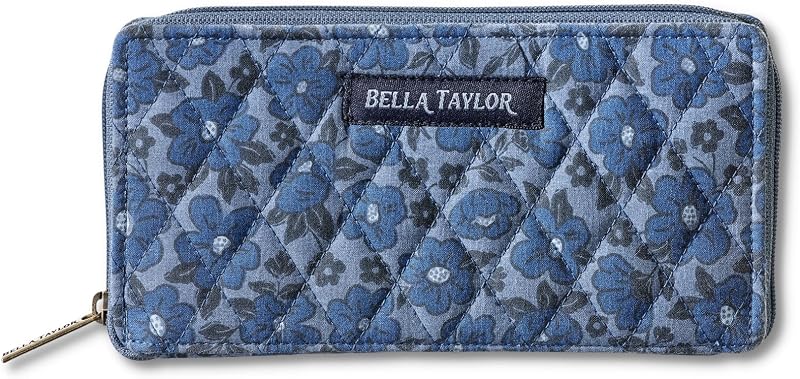 Bella Taylor Slim Card Wallet for Women, Navy Floral | Quilted low-profile wallet, RFID blocking, 11 card slots, ID window, cash & receipt pocket, coin pouch, durable construction