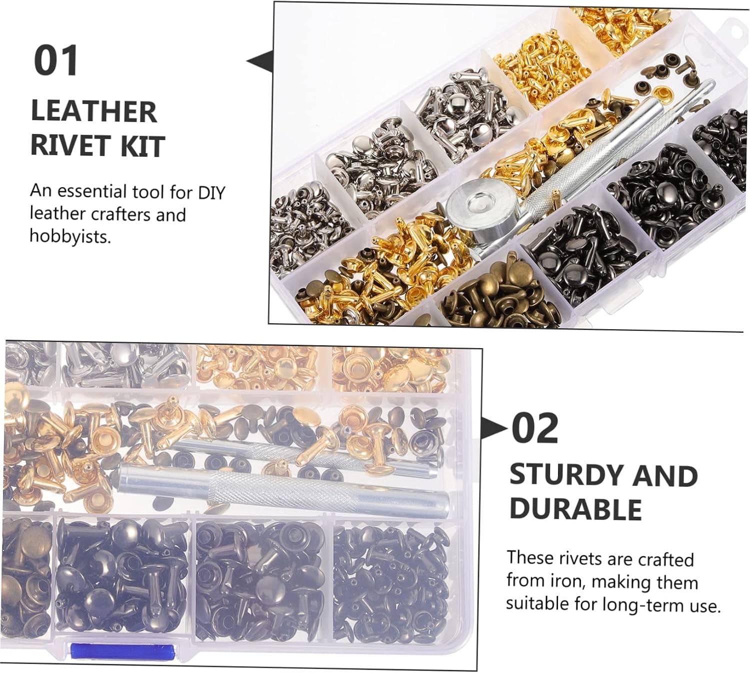 Hohopeti 1set Leather Rivet Kit Double-Sided Installation Tools for Crafts Clothing Shoes Bags for Leather Repair and Decoration Projects