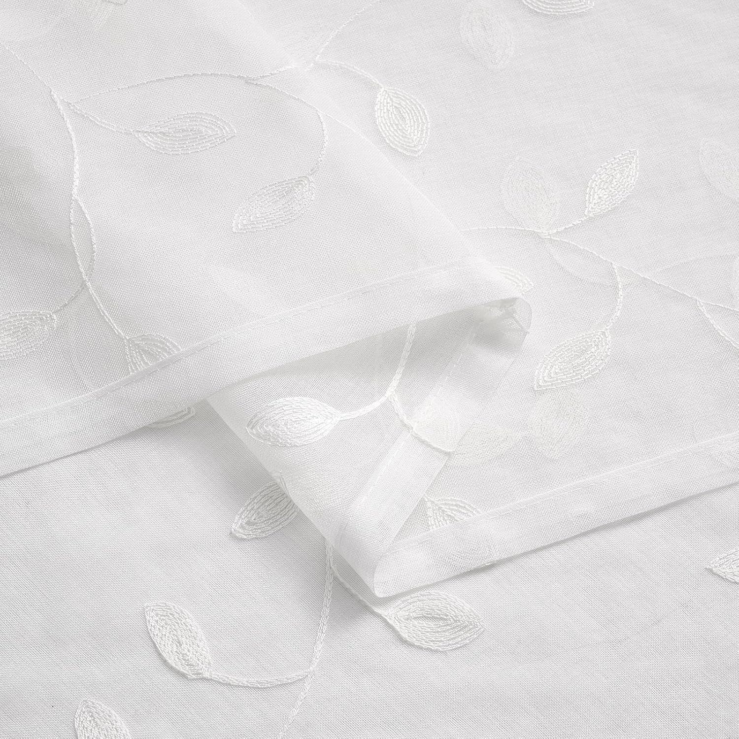 White Embroidered Leaf Sheer Curtains 72 Inch Length for Bedroom Office Leafage Sheer Curtains Light Filtering Rod Pocket Natural Linen Texture Foliage Floral Voile Window Drapes, 2 Panels Set, 50x72