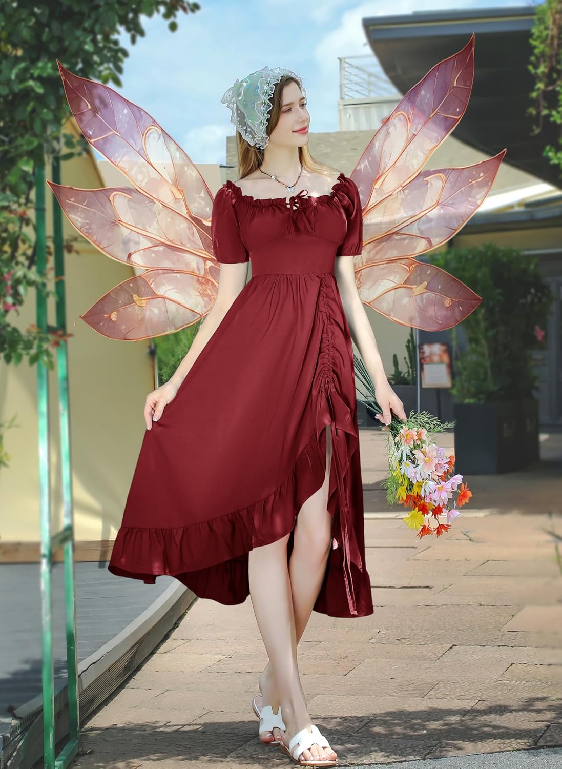 YEAXLUD Renaissance Costume Women Milkmaid Corset Western Fairy Cottage Core Ren Faire Victorian Dress Off the Shoulder High Low Vintage Peasant Medieval Chemise Dresses(Red,S) - Image 5