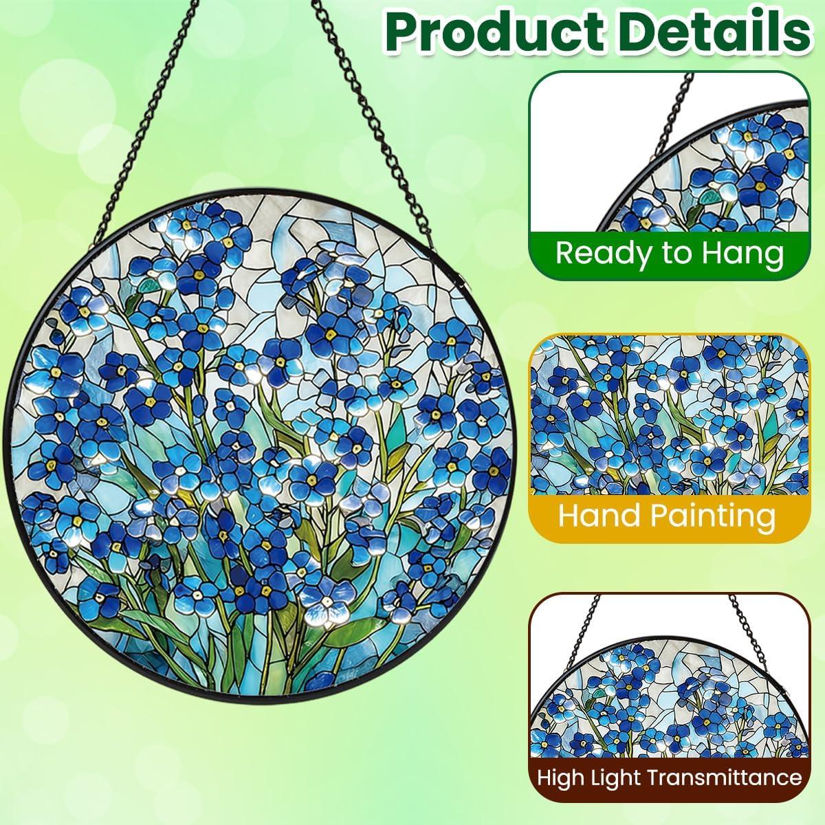 Stained Glass Window Hanging, Forget Me Not Flower Stained Glass Suncatcher, Window Decor Forget Me Not Plant Lover Gift for Women, Couples, Best Friend, Family, Colleague, Classmate 7.8 Inch