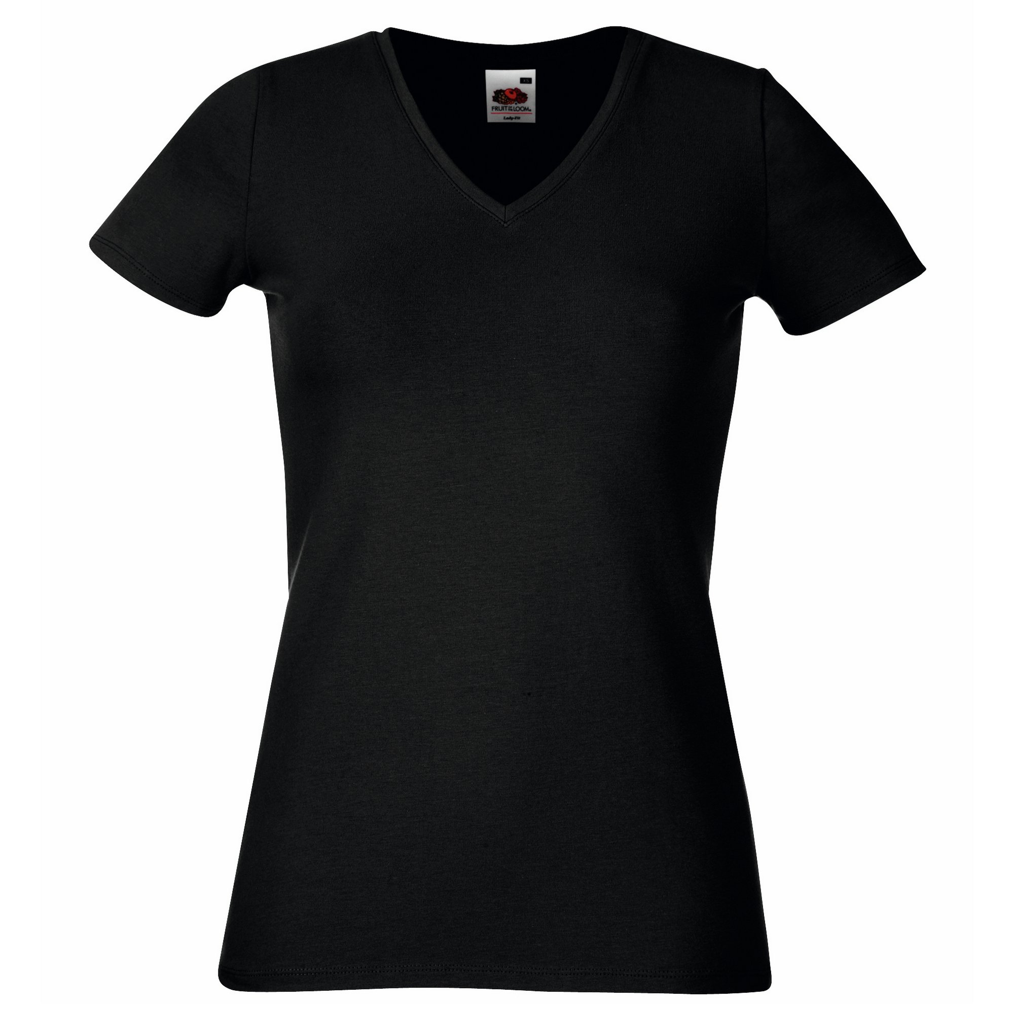 FRUIT OF THE LOOM Women's V-neck T Shirt, Black, XS UK