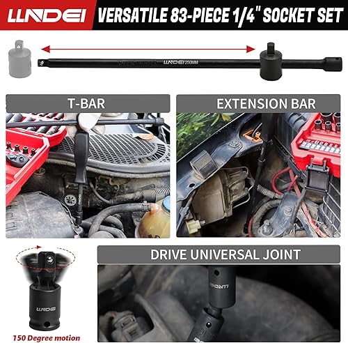 Miniatura 7 de LLNDEI Juego de llaves de impacto de 1/4 de pulgada, 83 piezas, SAE estándar (5/32-9/16 pulgadas) (0.157-0.591 in), mango de llave de trinquete 72T