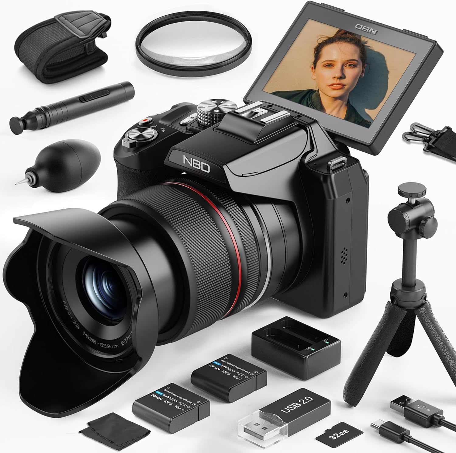 5K Digital Cameras for Photography – 64MP Vlogging Cameras for YouTube,16X Optical Zoom Travel Point and Shoot Digital Cameras Fotograficas with 180°Flip Screen,58mm UV Lens,2 Batteries