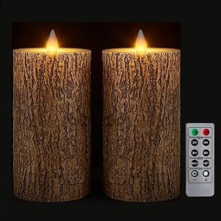 Brown Bark Wax Flameless Pillar Candles with Remote Timer, 3D Moving Flame Led Candles up to 400 Hours with 2AA Batteries, Set of 2(3''x6''), Remote Included (Brown).
