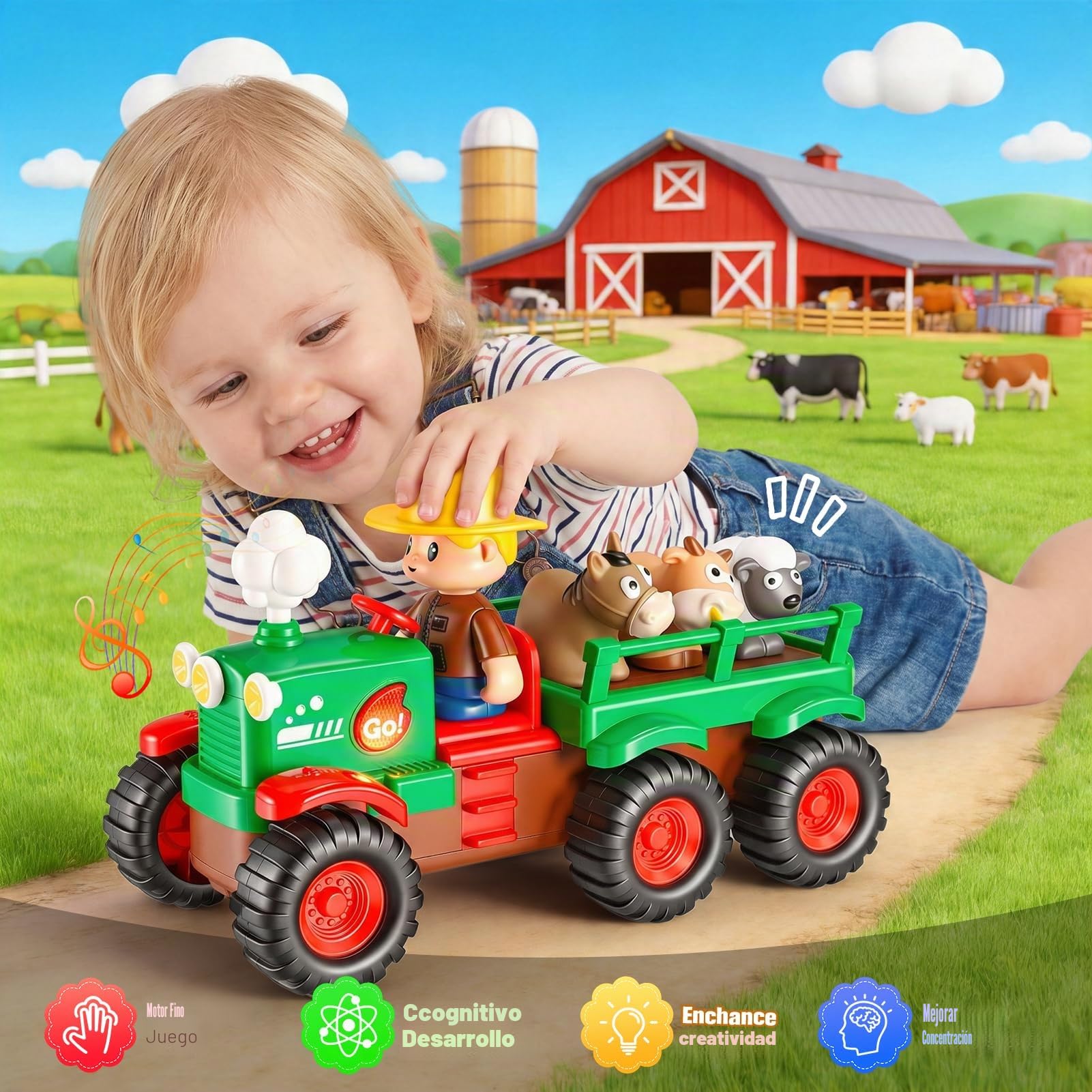 Gralal Juguete Bebé 1 2 3 Años, Tractor de Juguetes Granja para Niños - Vehículo Musical Push and Go con Animales, Juguetes Montessori de Animales Granja, Coche Educativo para Bebés, Regalo para Niños