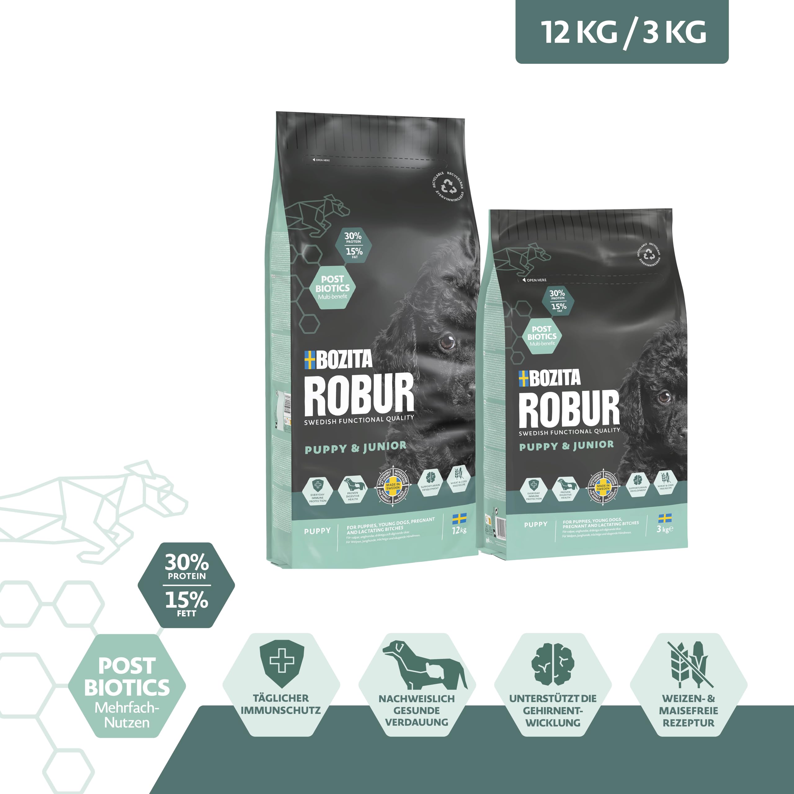 Bozita ROBUR Puppy & Junior Huhn 12kg - Welpenfutter Trockenfutter mit hoher Akzeptanz, Postbiotika ohne Weizen für kleine bis mittelgroße Rassen