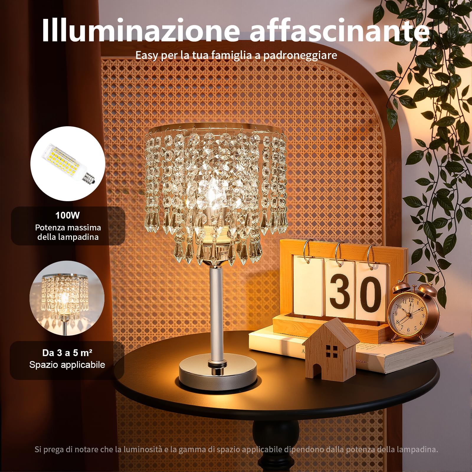 Lampada da comodino in cristallo - Lampada da tavolo in cristallo - Paralume con lampada da comodino rotonda E27 - Per camera da letto, soggiorno, cameretta da bambina - Bianco