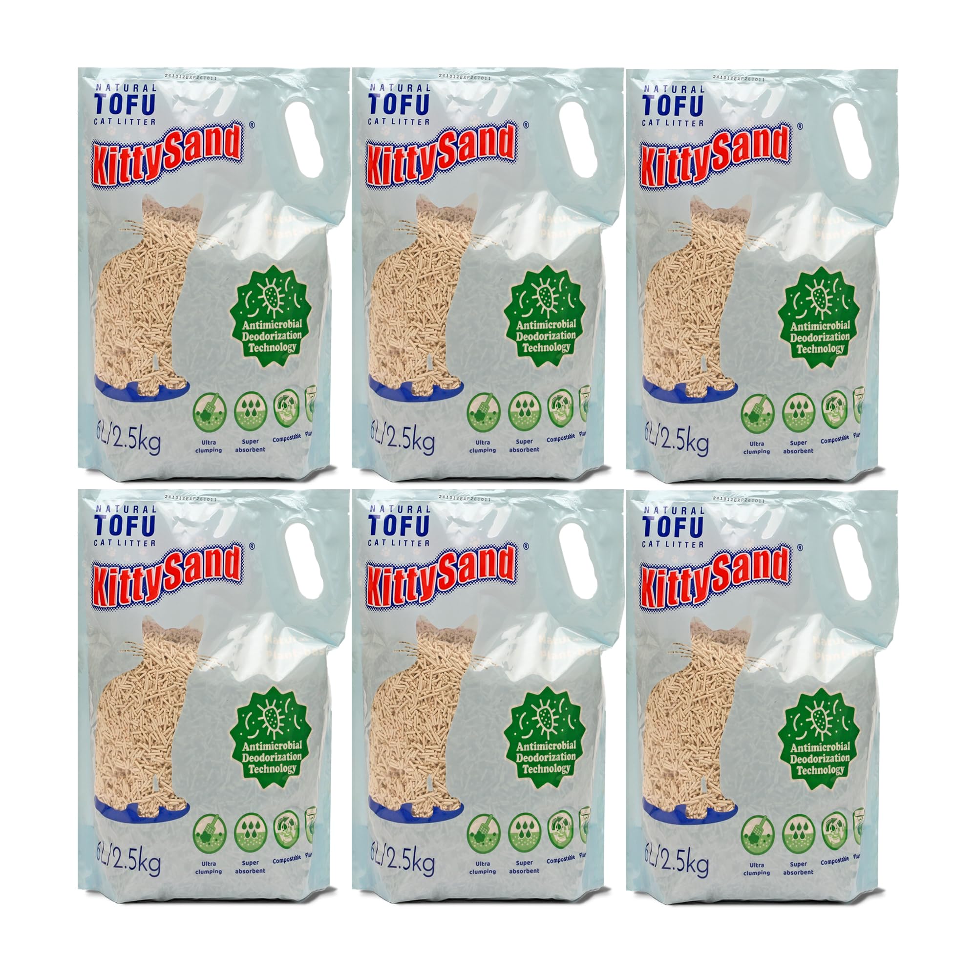 KittySand Natural Tofu, Premium Quality, Plant-based, Flushable Clumping Cat Litter Pellets 6L/2.5kg - Pack of 6