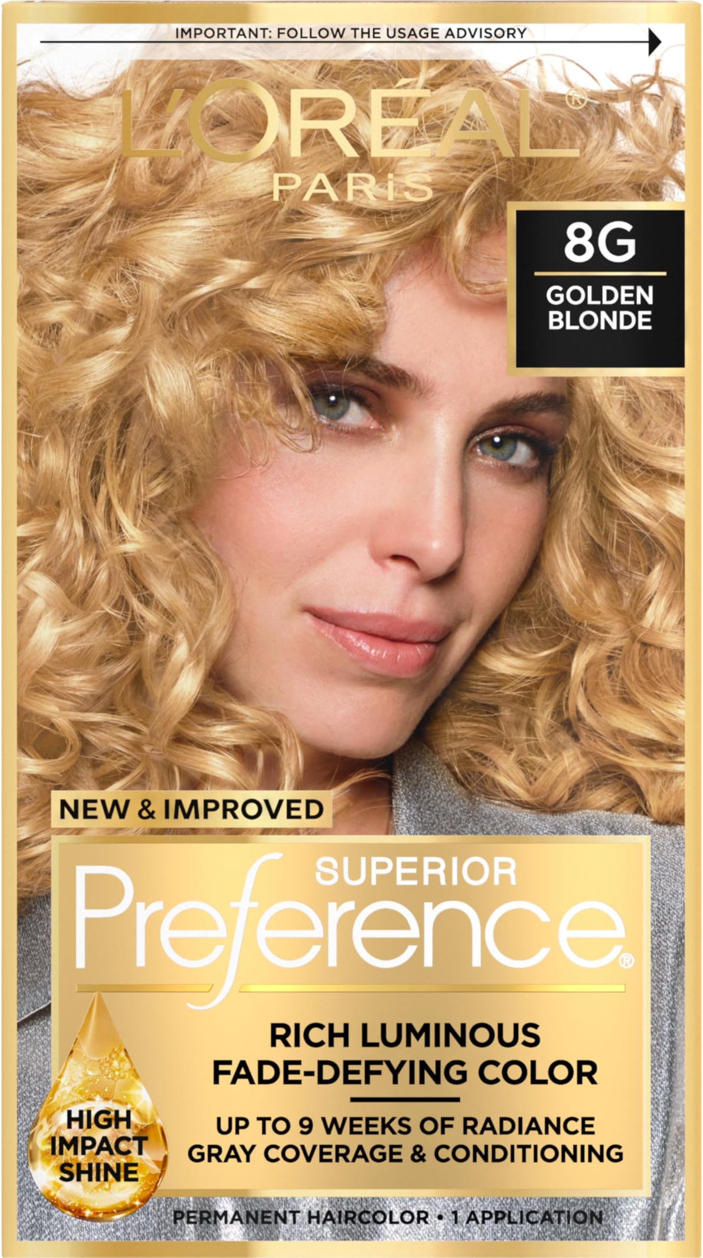 L'Oreal Paris Superior Preference Luminous Fade-Defying Permanent Hair Color, Hair Dye For Up to 9 Weeks of Radiance, Golden Blonde 8G, 1 Hair Dye Kit