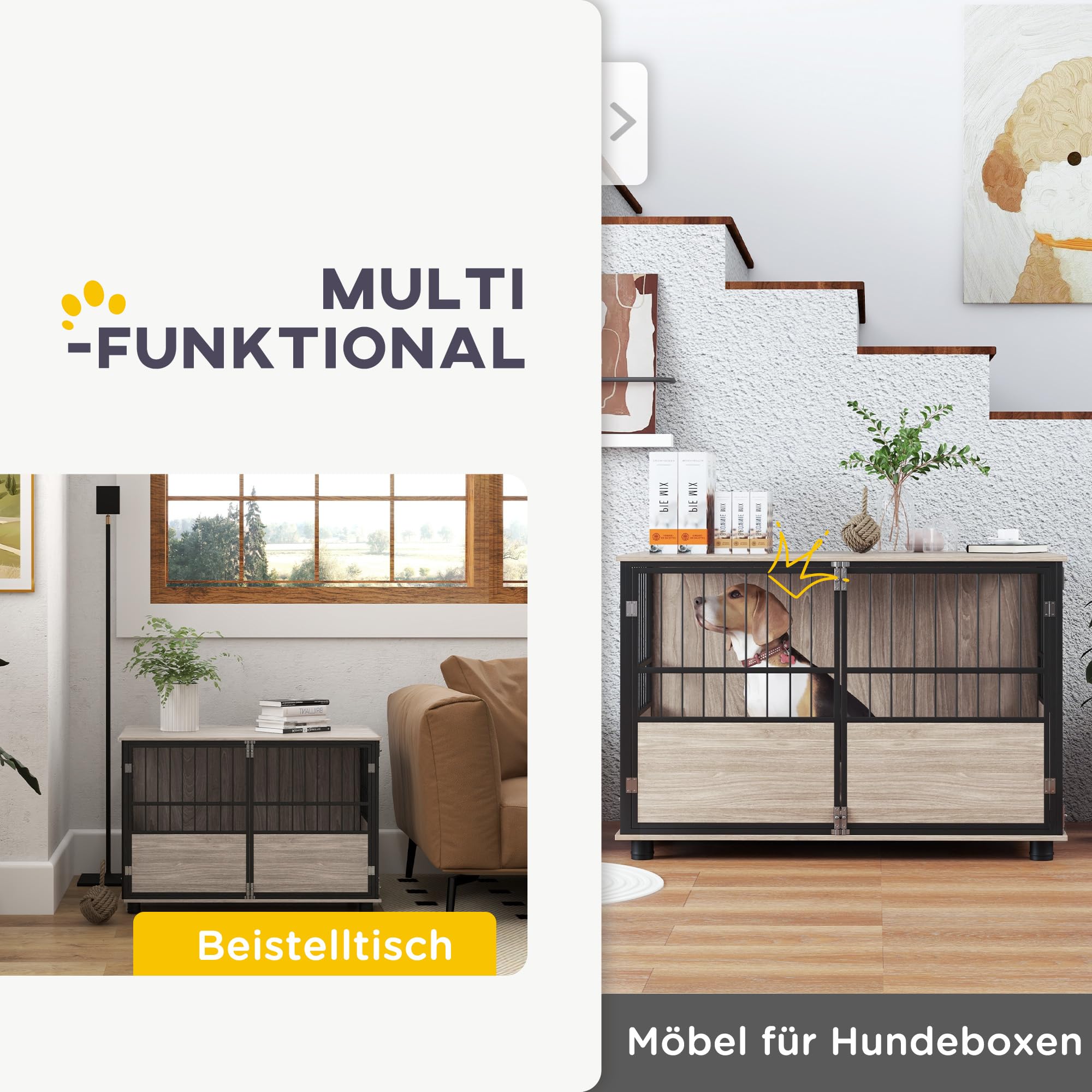 PawHut Hundekäfig für Zuhause, Hundehütte, rutschfest Haustierkäfig, Hundebox mit Türen, Hundehaus für bis große Hunde, Walnuss, 100 x 60 x 68 cm