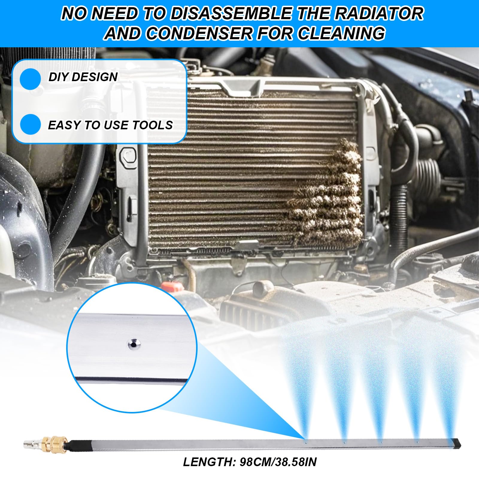 6uds 5-Hoyo 98cm Kit de Herramienta Limpieza Radiador, Varilla Limpieza Radiador con Conectores Interruptor Válvula Cepillo Poste Metálico Accesorios Prácticos para Lavado Coches y Camiones