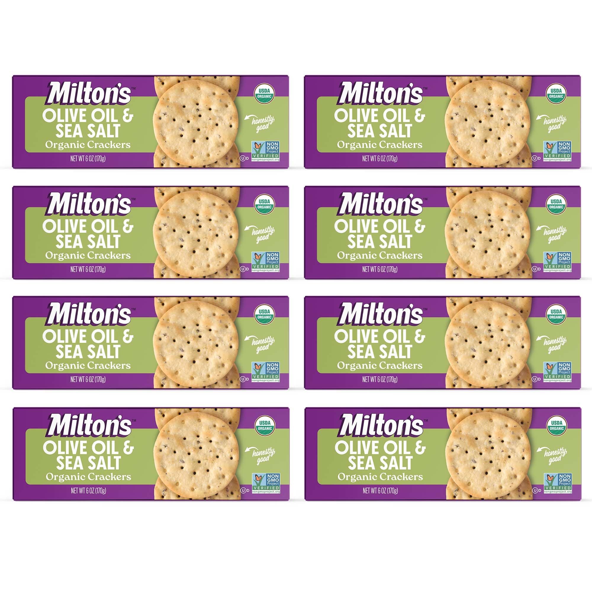 Milton's Organic Crackers, Olive Oil & Sea Salt - Certified Organic, Non-GMO Project Verified, Kosher, Made With Authentic Black Olives, Great for Charcuterie Boards - 6 Oz, Pack of 8