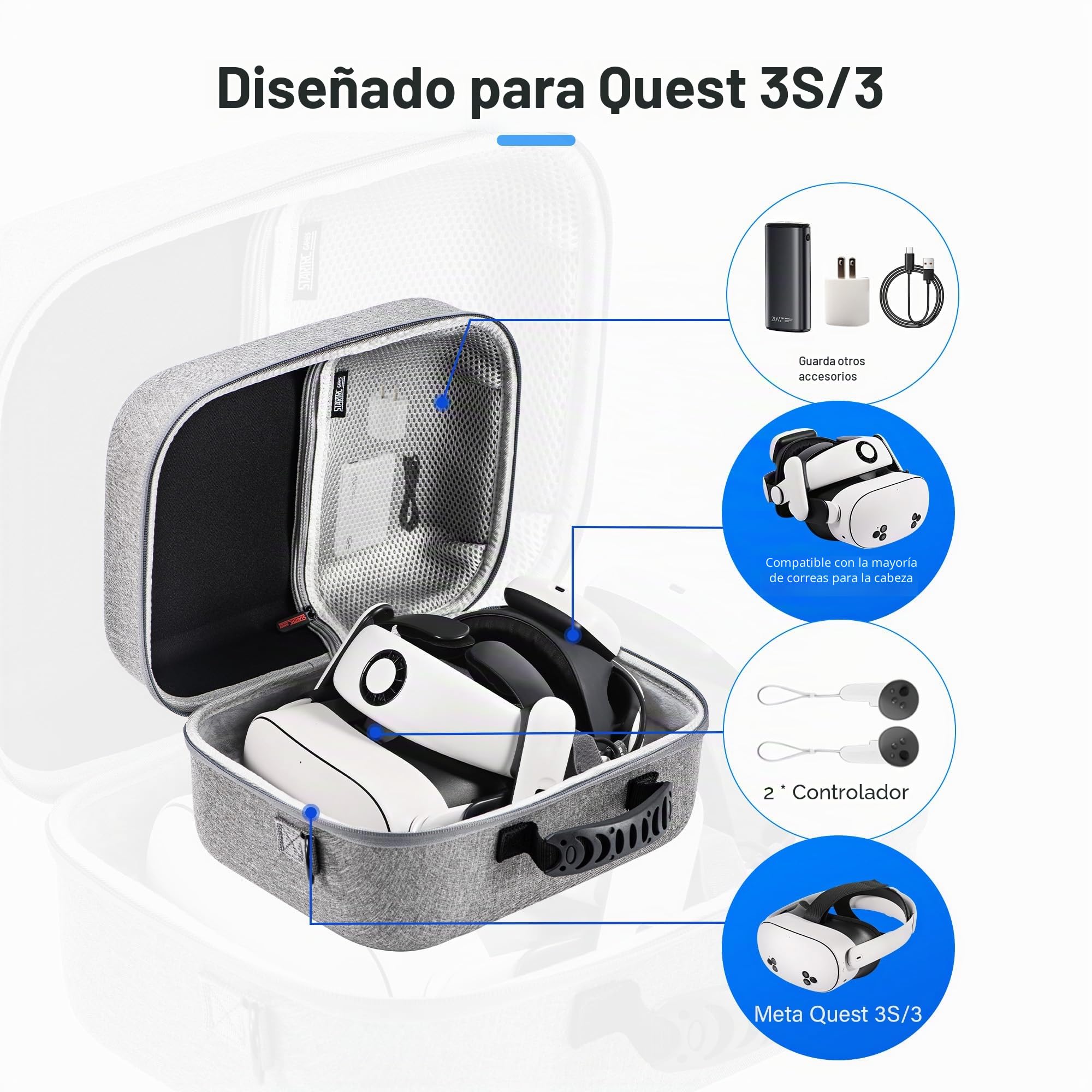 Funda de transporte grande para Meta Quest 3S/Quest 3, funda de viaje rígida compatible con BOBOVR S3 Pro/KIWI, correa de cabeza de batería, controlador y accesorios, bolsa de viaje