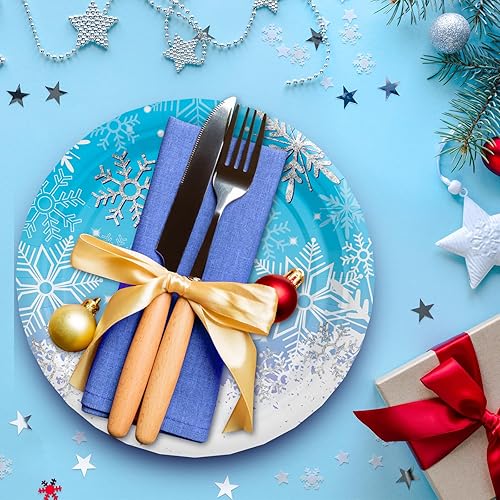 Miniatura 4 de AFZMON Paquete de 50 platos de fiesta de Frozen para postre, platos de papel de postre con temática de copo de nieve de invierno de 7 pulgadas,