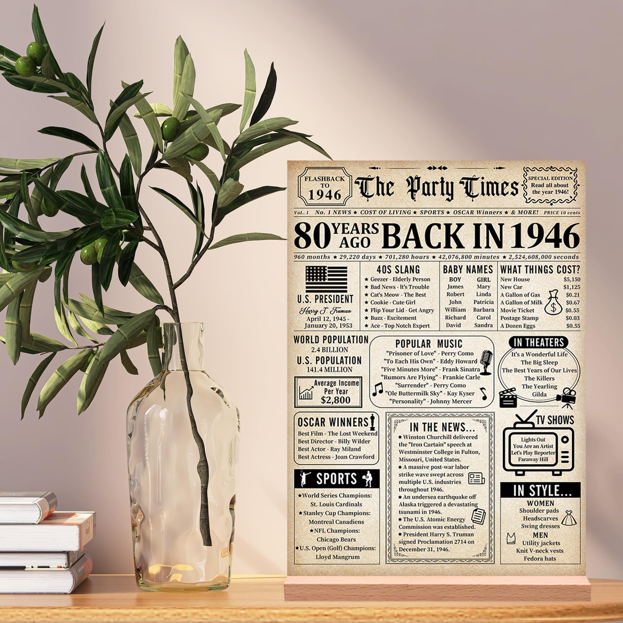 Trgowaul 80th Birthday Decorations Women Men, Vintage Back in 1946 Birthday Poster Acrylic Table Sign with Stand, 80th Anniversary Decor Gifts for Men, Vintage 80 Year Old Party Supplies Decorations — view 9