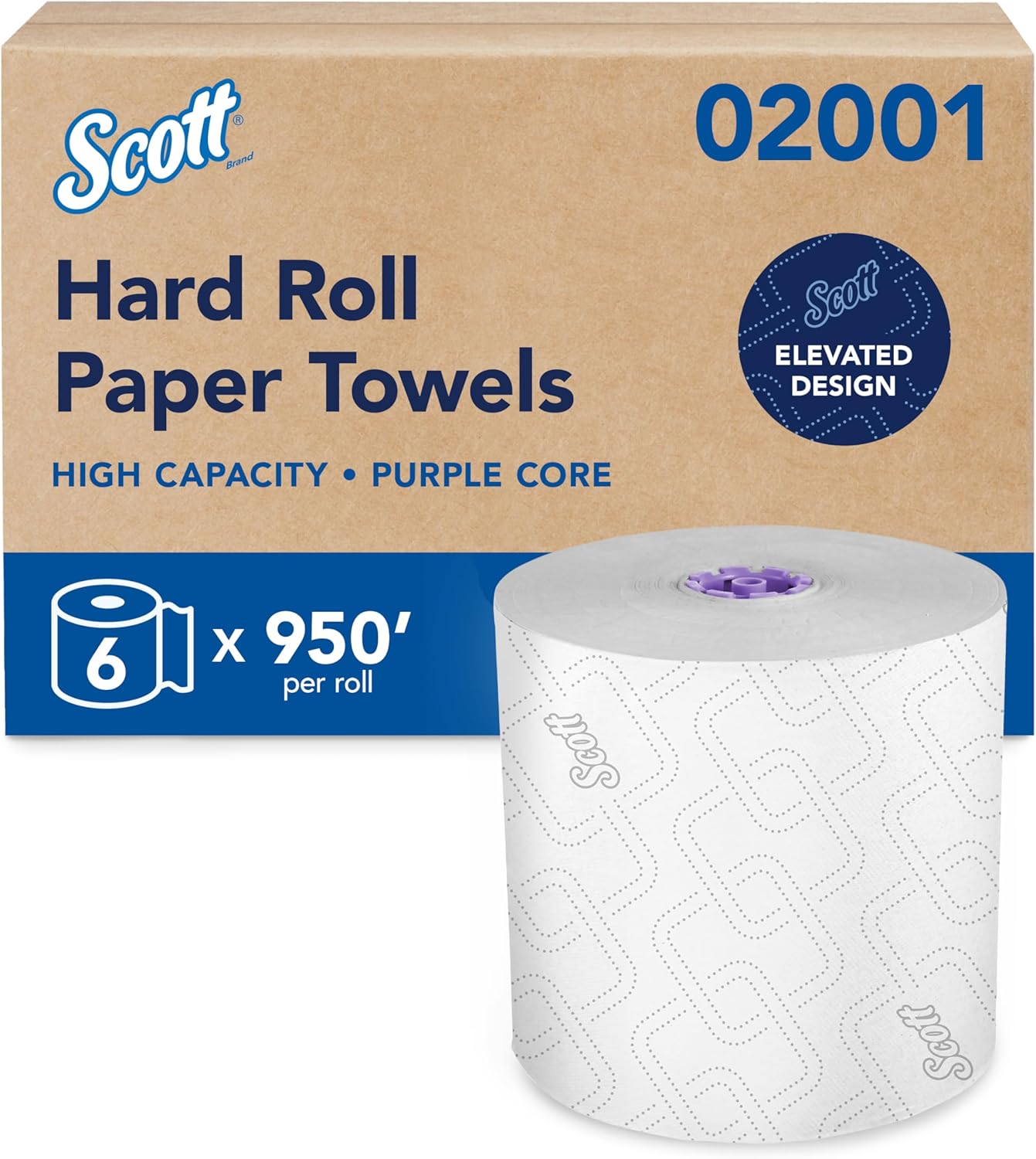 Scott Professional High-Capacity Hard Roll Paper Towels, Bulk (02001), Hardwound, Elevated Design, Absorbency Pockets, White, for ScottBrand Purple Core Dispensers (6 Rolls at 950' Each, 5,700'/Case) 1 Roll (Pack of 6)