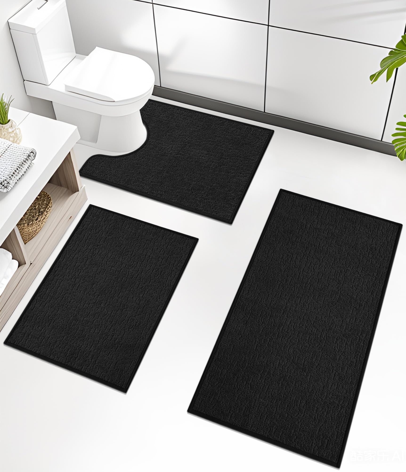 Photo 1 of Chakme Bathroom Rug Sets 3 Piece, Ultra Thin Bath Mat Quick Dry, Absorbent, Non Slip, Machine Washable, Black