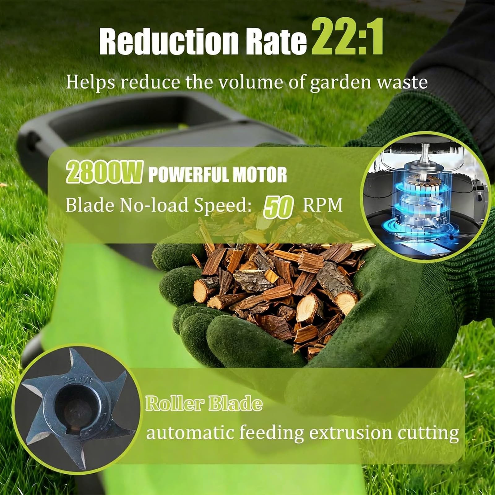Trituradora De Jardín Eléctrica 2800W, Capacidad De Corte 45mm, Astilladora Con Contenedor Extraíble 60L, Cuchillas De Acero Reversibles, Trituradora Silenciosa Para Compost & Paisajismo