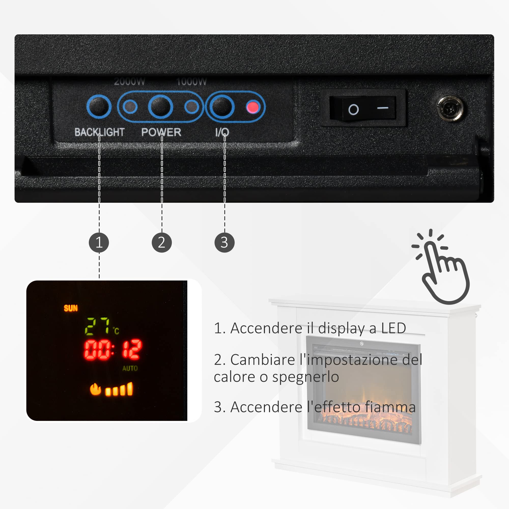 HOMCOM Camino Elettrico Effetto Fiamma Realistico 98x27.5x80cm Bianco | Cornice in Legno, Caminetto Elettrico, Termostato, Protezione da Surriscaldamento, Timer e Telecomando, 1000W e 2000W