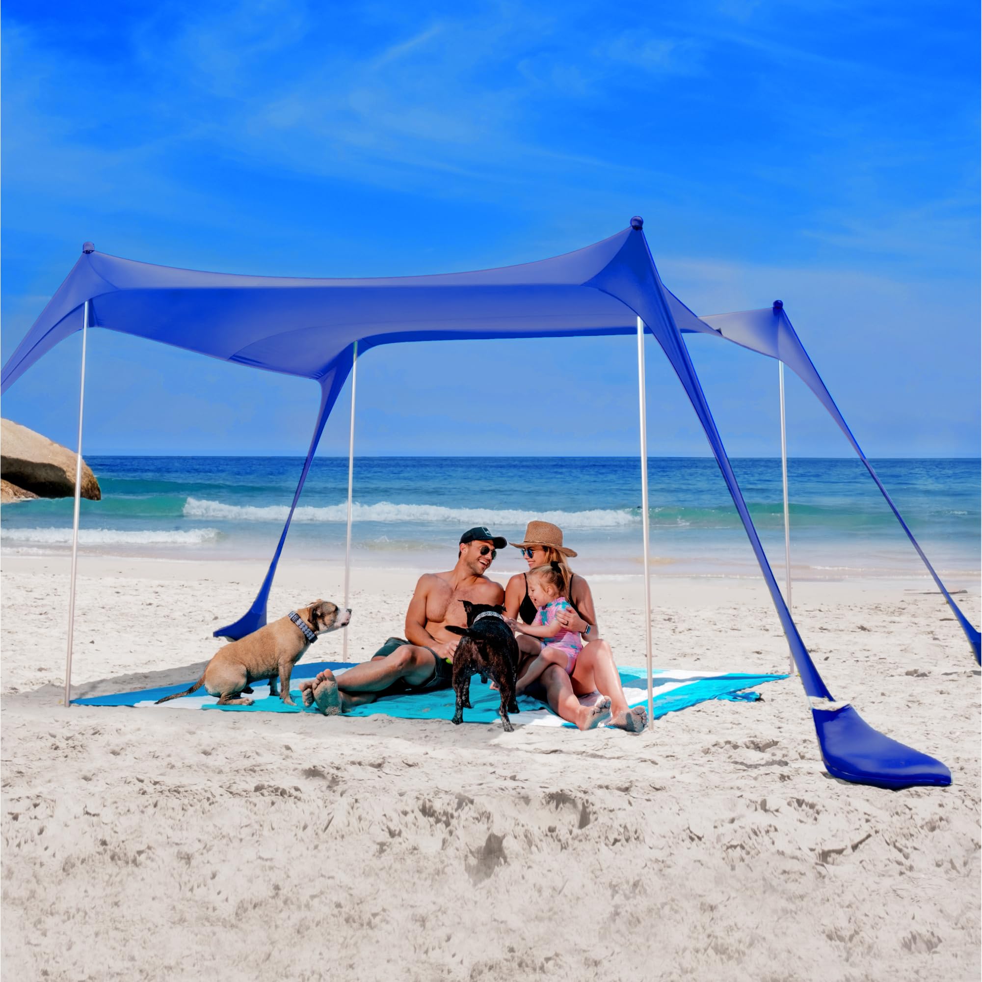 SUN NINJA Pop Up Beach Tent Sun Shelter UPF 50+ with Sand Shovel Pegs Stakes Stable Pole Outdoor Shade for Camping Travel Fishing Backyard Play Picnic (10x10ft, 4 Poles, Royal Blue)