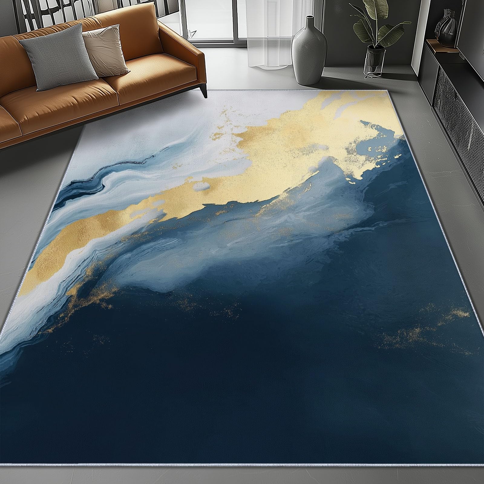 Lavabile in Lavatrice Tappeto per Soggiorno Camera da Letto Ufficio Decorazione 120 x 180 cm, Astratto Semplice Illustrazione Marina Tema Flanella Tappeti con Supporto Antiscivolo, Blu Scuro