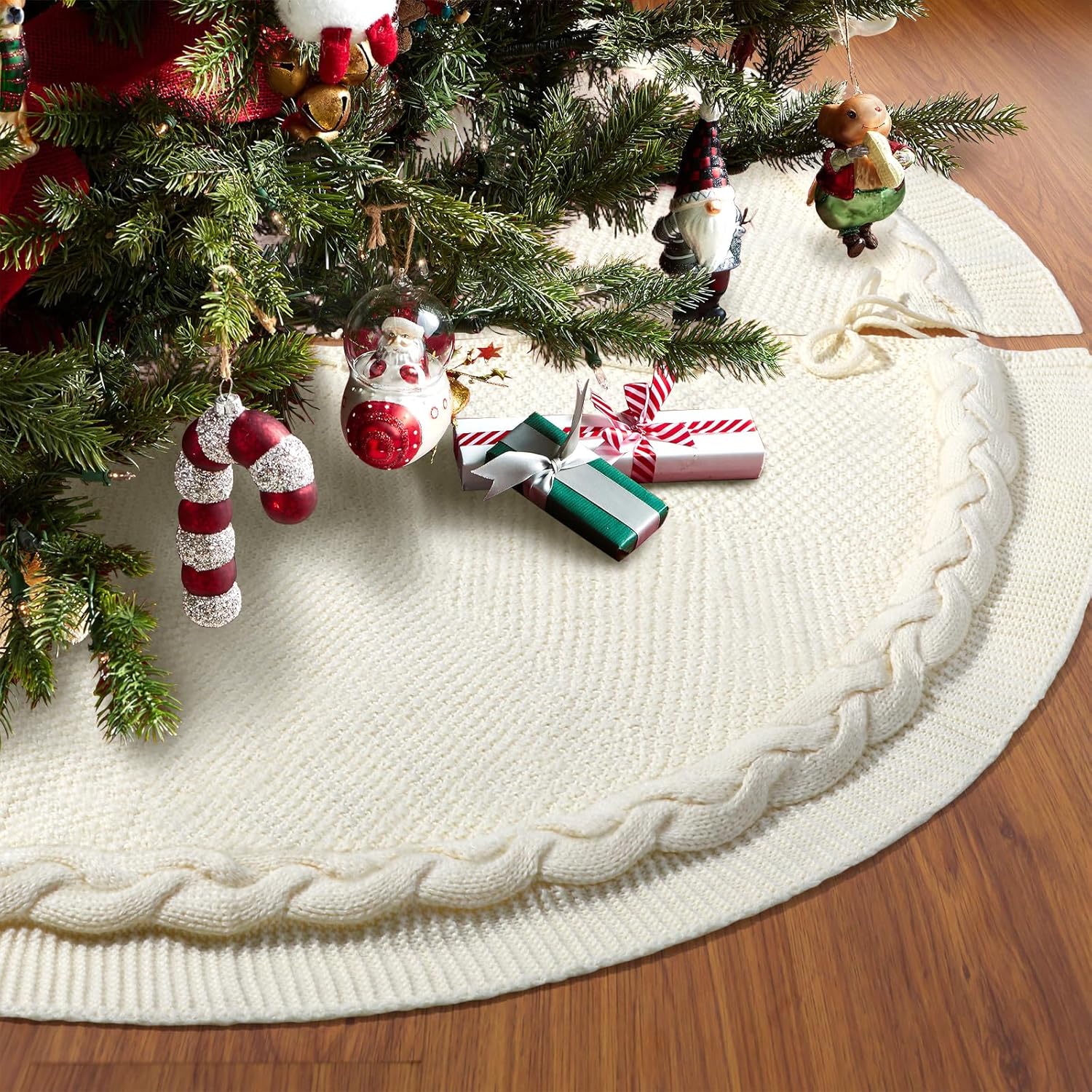 Knitted Christmas Tree Skirt 48 inches Cream Cable Knit