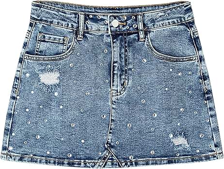 Amazon.com: Women's Rhinestone Denim Skirt Mid Rise