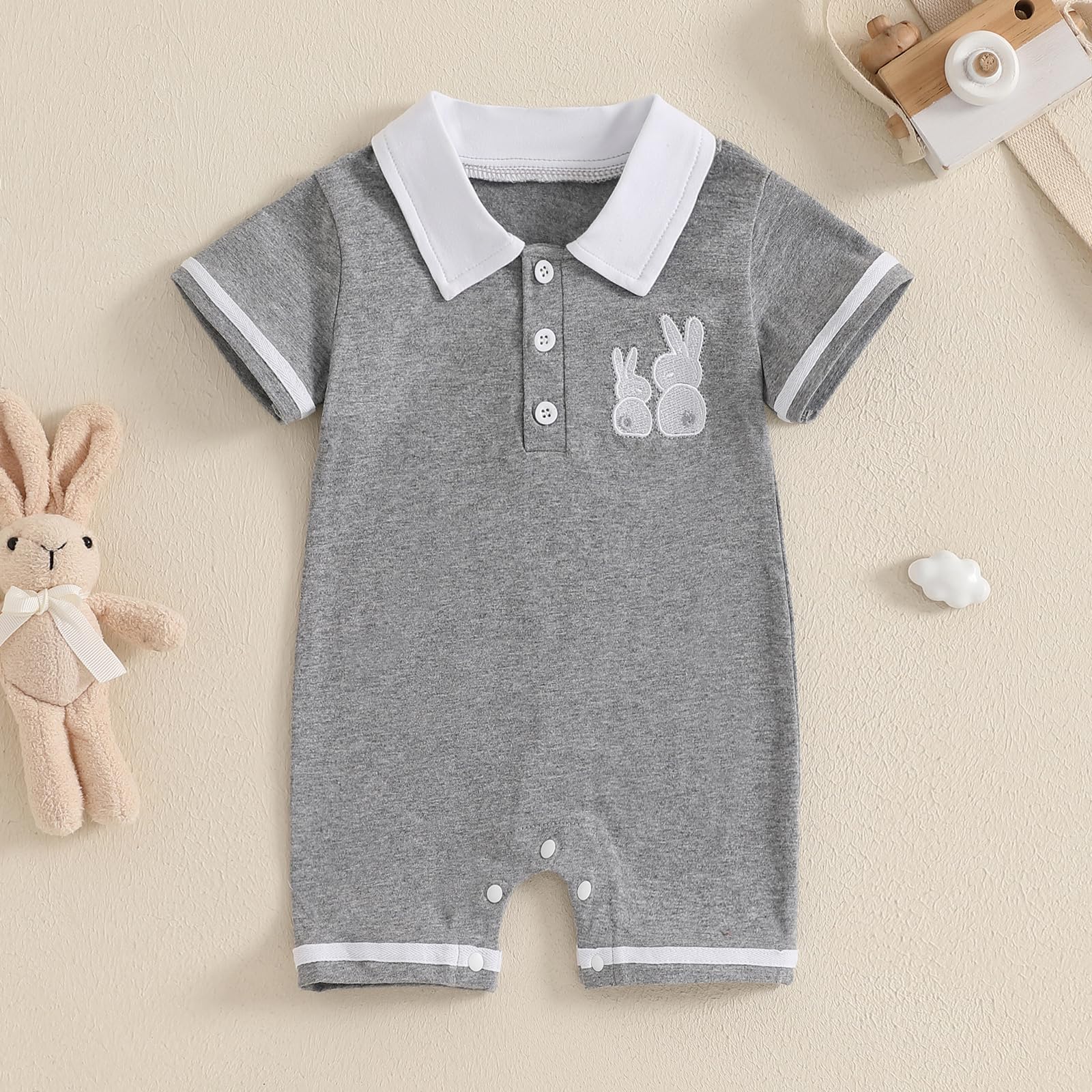Socutebabe Baby Boy Easter Outfit Short Sleeve Button Down One Piece Jumpsuit Newborn Easter Romper Cute Summer Clothes (Gray, 0-3 Months)