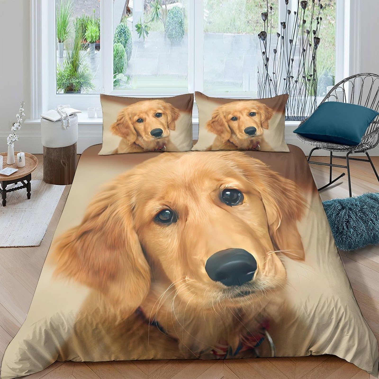 GPLZQXKJNH 3D Printed Golden Retriever Dog Duvet Cover Microfiber Soft Breathable Puppy Bedding Set with 2 Pillowcases for Bedroom Decor Single（135x200cm）