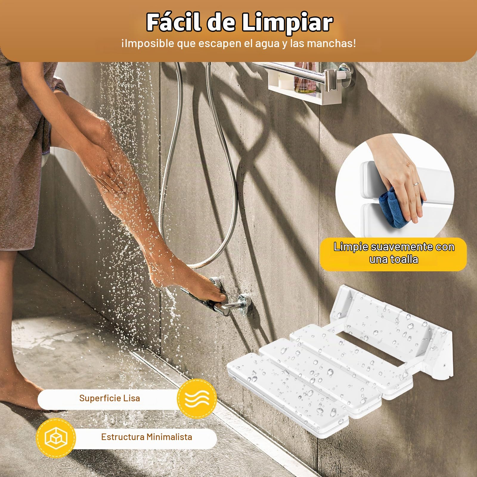 Silla de ducha plegable, montada en la pared, hasta 130 kg, antideslizante, barra de ducha, asiento, silla de baño para personas