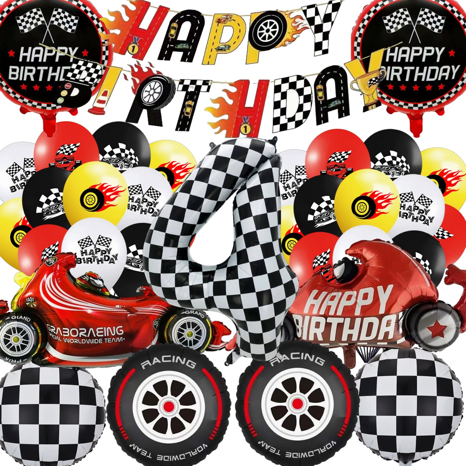Race Car 4th Birthday Decorations - Boy Racing Car Themed Balloons Banners Decoration Happy 4th Birthday Banner Checkered Flag Foil Number 4 & Car Balloons for Boy Girl Party Supplies