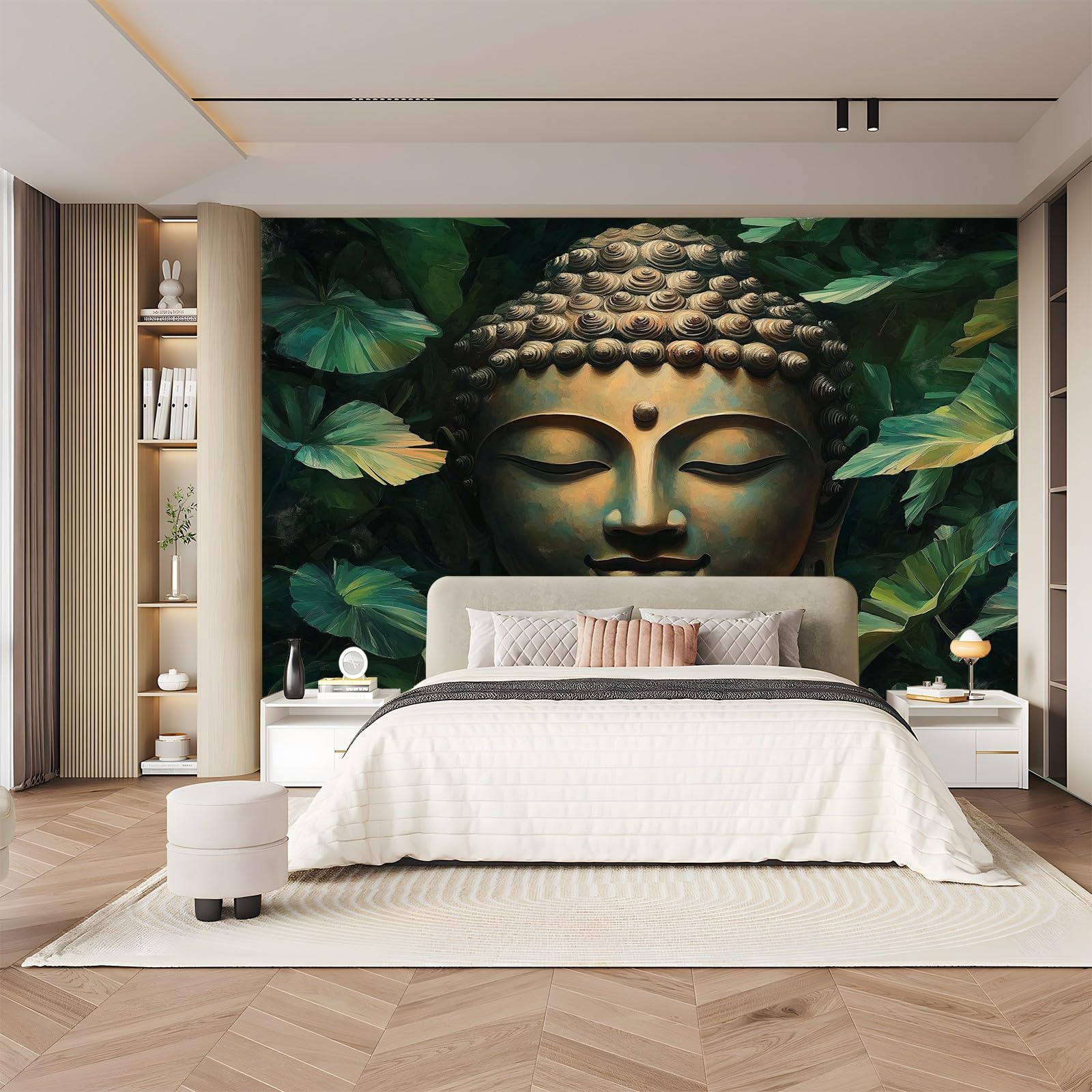 Panoramiczna tapeta tradycyjna Budda liście zielone złoto 200 x 140 cm (szer. x wys.), niestandardowy fresk 3D do salonu pokój dziecięcy restauracja dekoracja ścienna gigantyczny plakat ścienny