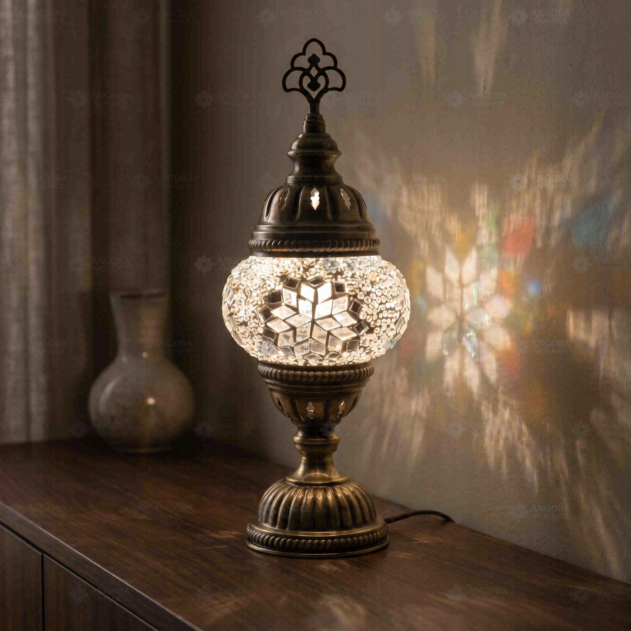 ENVA Biała lampa stołowa z mozaiką, turecka lampa mozaikowa, lustrzany wzór gwiazdy, ręcznie robiona marokańska lampka nocna na biurko, przezroczyste szkło