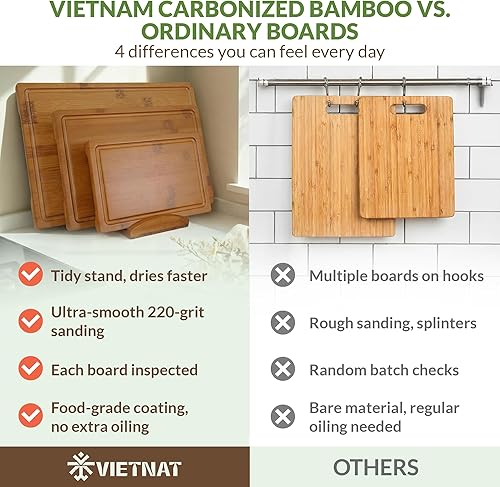 Miniatura 5 de Juego de 3 tablas de cortar de bambú carbonizado con soporte, tablas de cocina reversibles naturales, embutidos y quesos - Esenciales de alojamiento