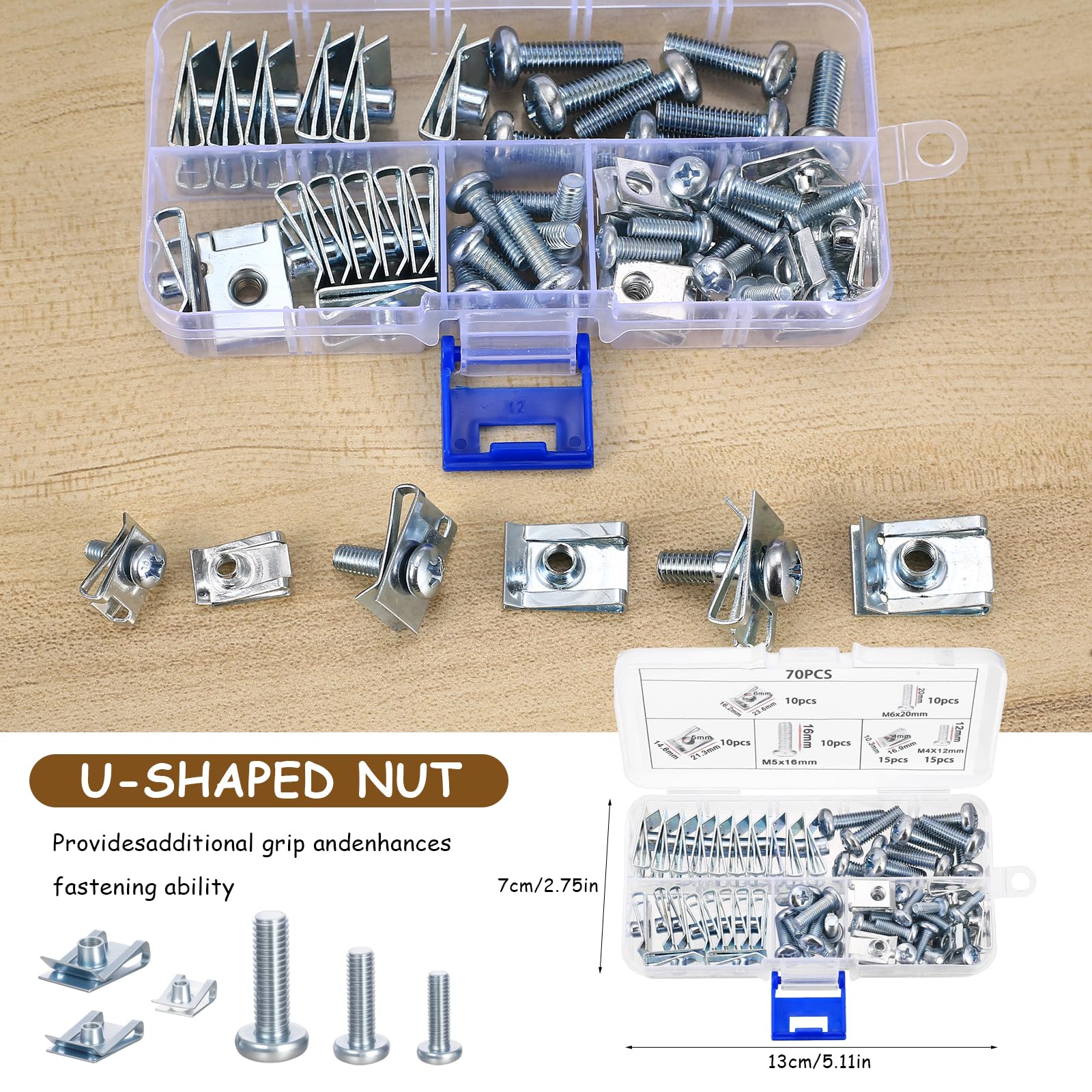 70 Pz U Clip Fissaggio Auto, M4 M5 M6 Dadi a Clip a U e Viti Autofilettanti per Parafanghi, Vite per Autoveicoli, Kit di Clips per Dadi in Lamiera di Metallo per Carrozzeria Pannelli Auto Carene