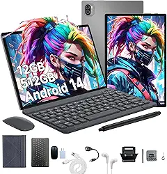 3 em 1 Tablet, com Capa/Teclado/Mouse, 10.1 Polegada, 1920×1200 Tela, 1920x1200 Tela Processador Octa-Core, 12GB RAM+512GB ROM, Câmera de 16MP + 32MP, Android 14, 8000mAh, Versão WiFi (Cinza)