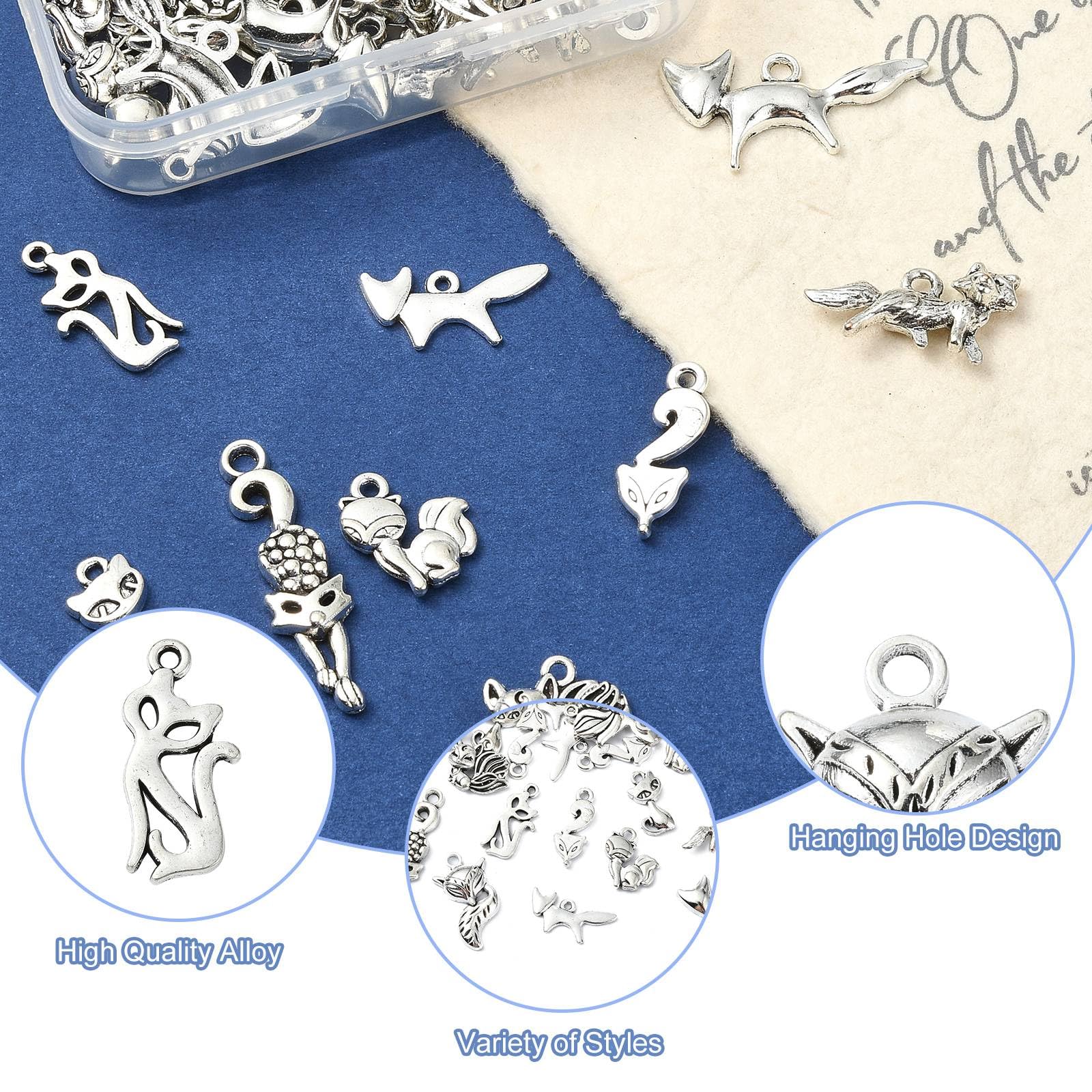 UR URLIFEHALL 100 Pcs 10 Styles Antique Silver Fox Charms Tibetan Animal Charms Pendants for Jewellery Making DIY Crafts Keychain Necklaces - Image 3
