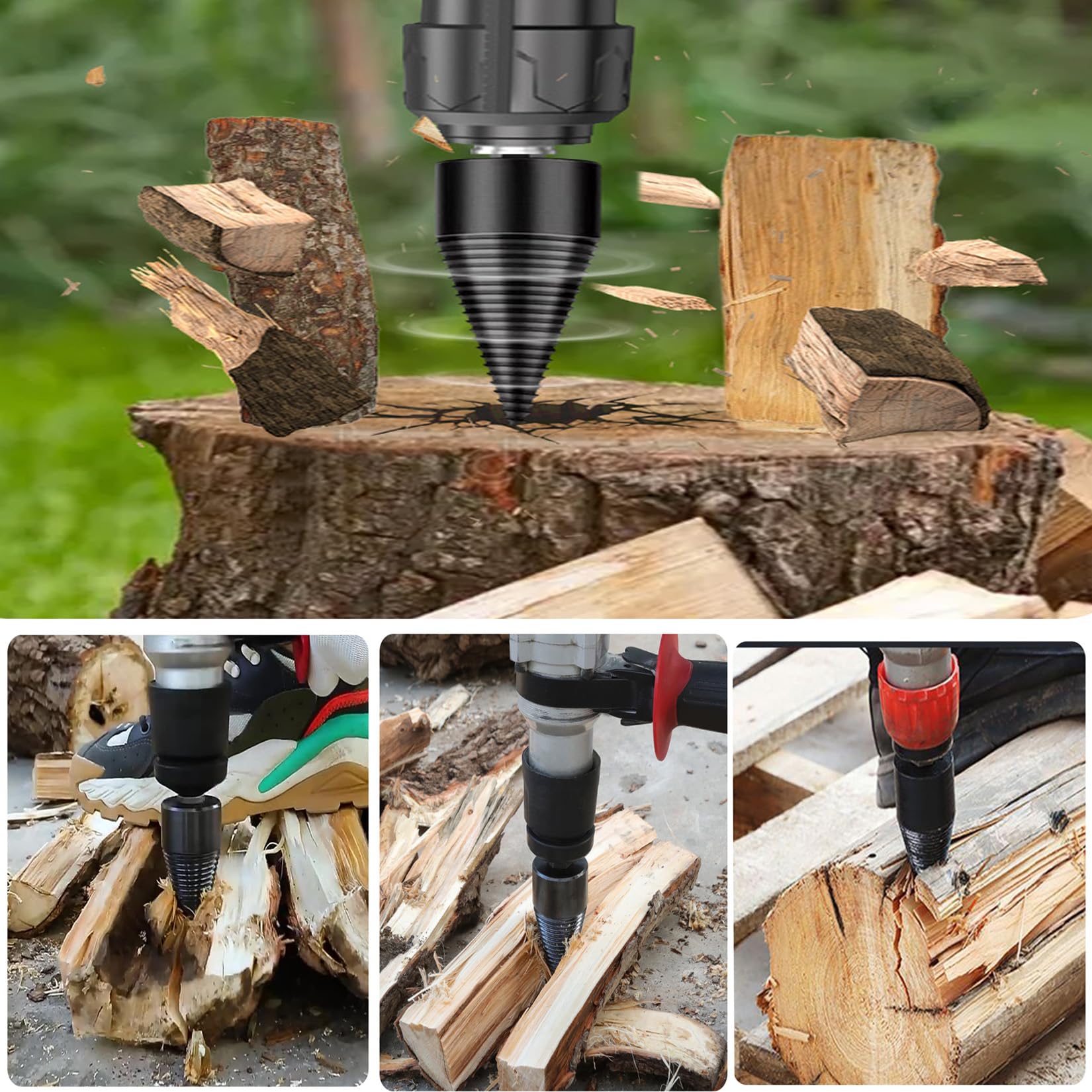 Fendeur de bois foret 50 mm + 32 mm, perceuse fendeuse de bois avec 4 poignées de perçage, fendeuse conique pour fendre et percer le bois