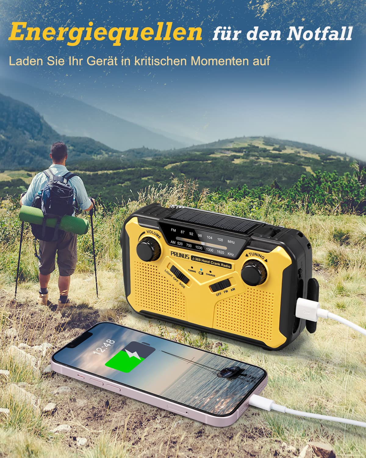 PRUNUS J-369 Solar Radio Kurbel Notfall, Kurbelradio FM/AM Radio Batteriebetrieben, Notfallradio Dynamo Radio mit 3000mAh Power Bank/SOS Alarm/Taschenlampe&Leselampe für Camping, Ourdoor, Notfall.