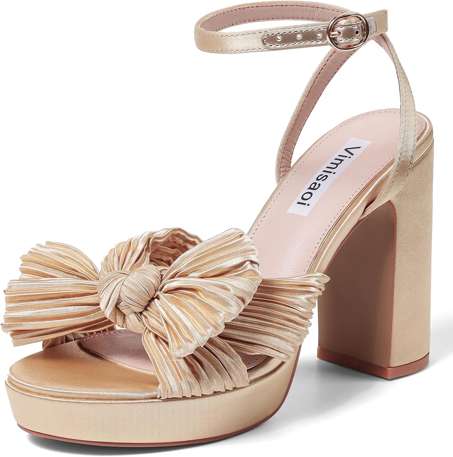 VIMISAOI Women's Bow Knot Platform Heels Open Toe Chunky Heeled Sandals Ankle Strap Comfortable Wedding Party Dress Shoes for Bride