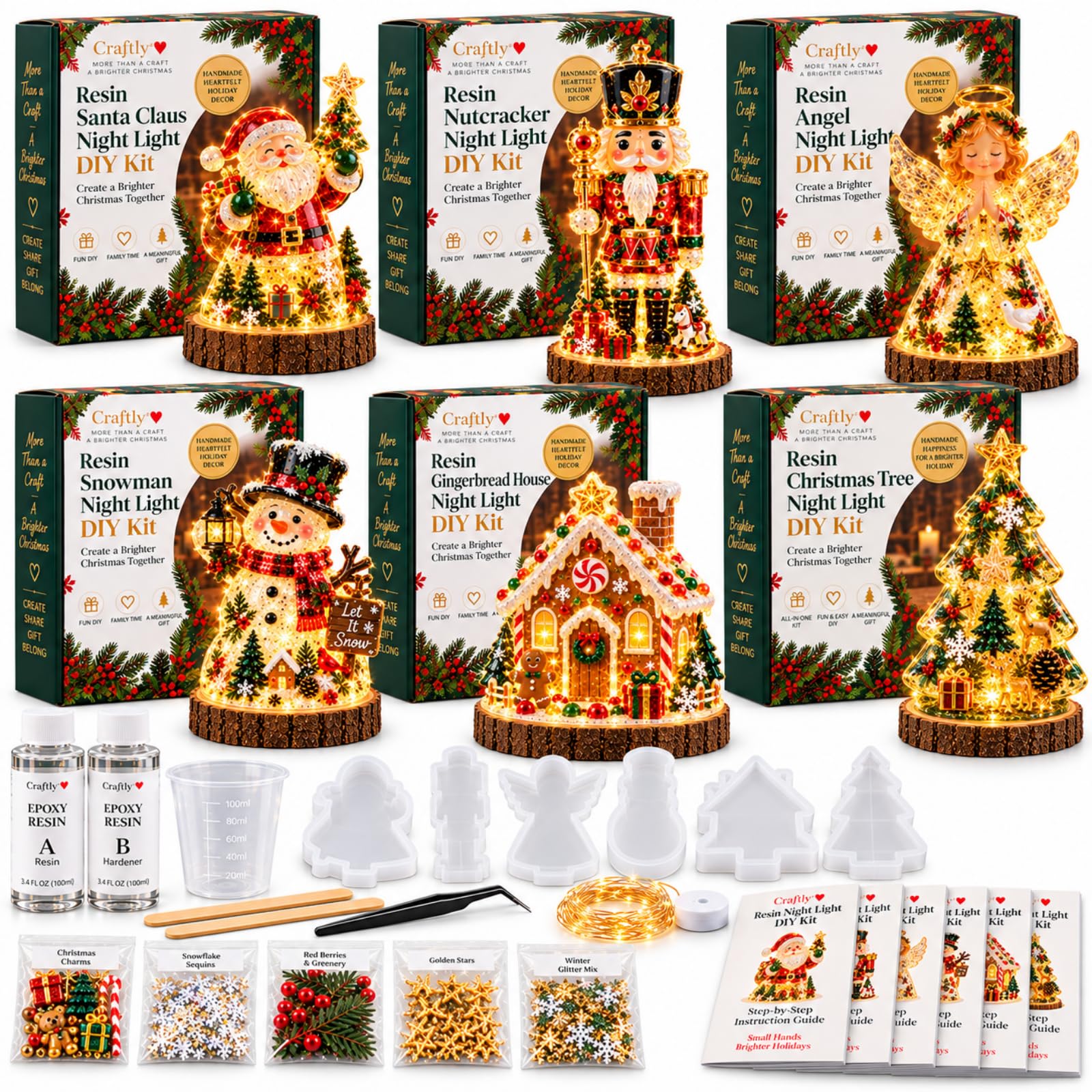 Kit Fai da Te per luci notturne a Forma di Albero di Natale in Resina, Idea Regalo per Le Feste (6 Set)